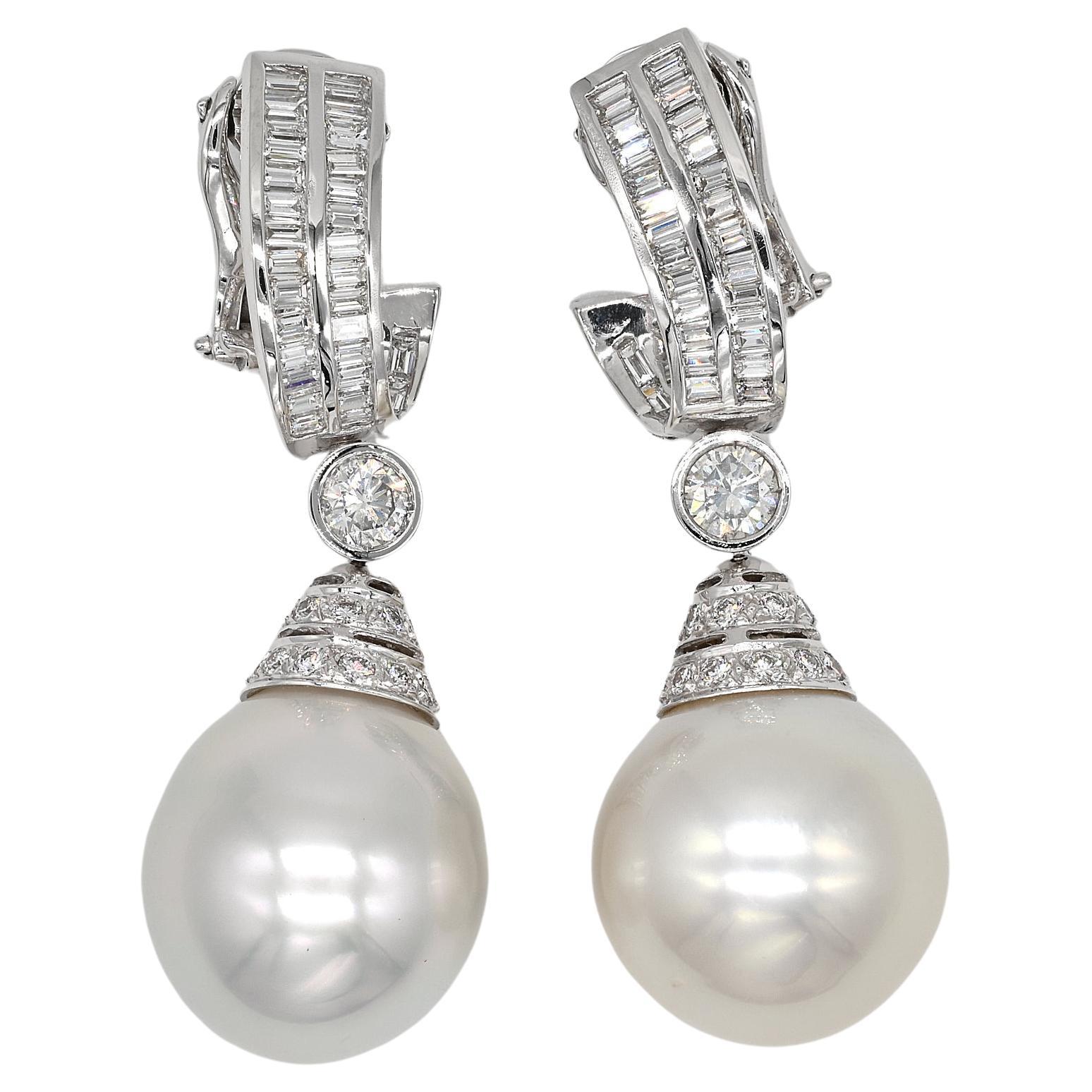 Ella Gem 18 mm. South Sea Pearl 3.70 Ct Diamond 18 KT Earrings For Sale
