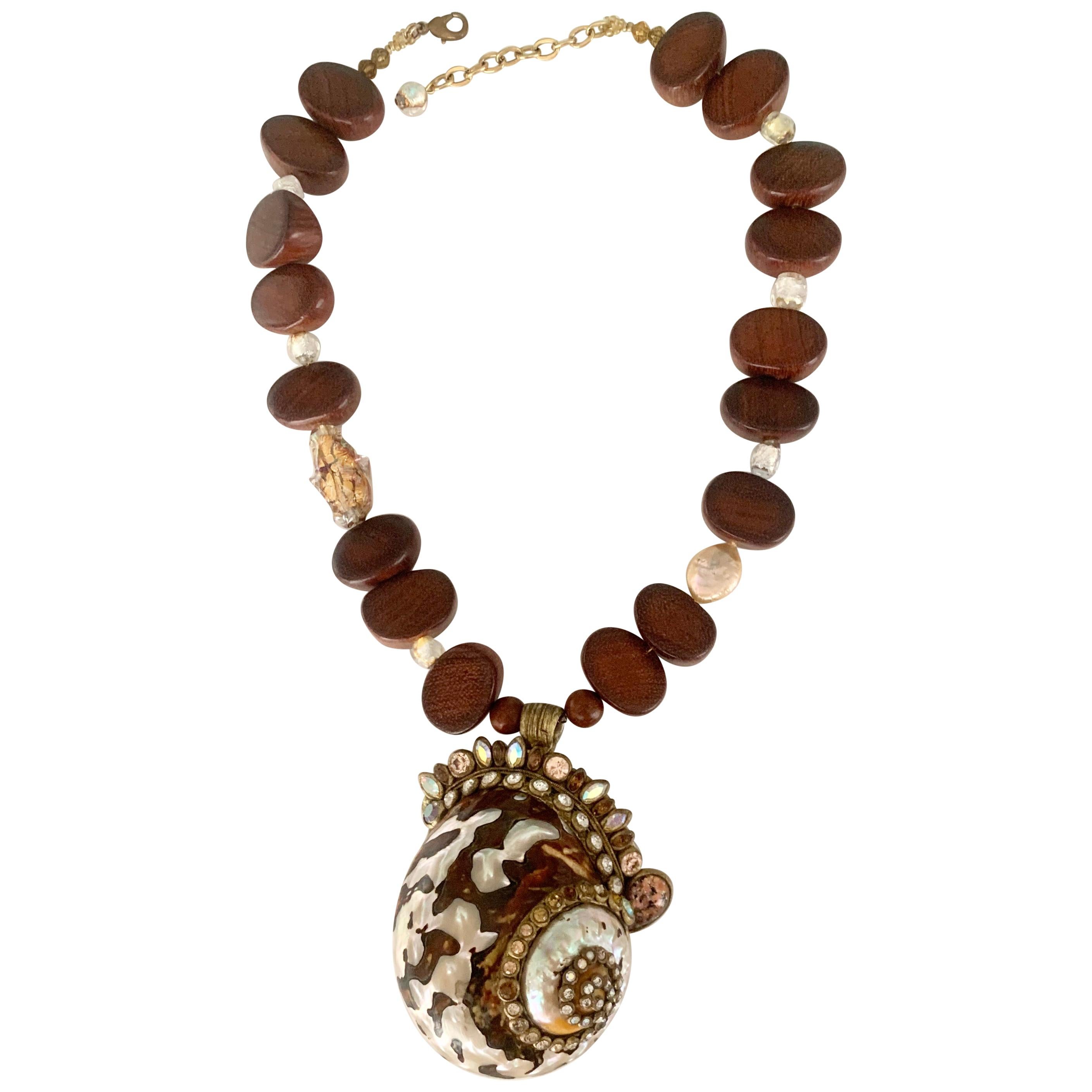 Ella K Shell, Coin Pearl, and Wood Bead One of a Kind Necklace