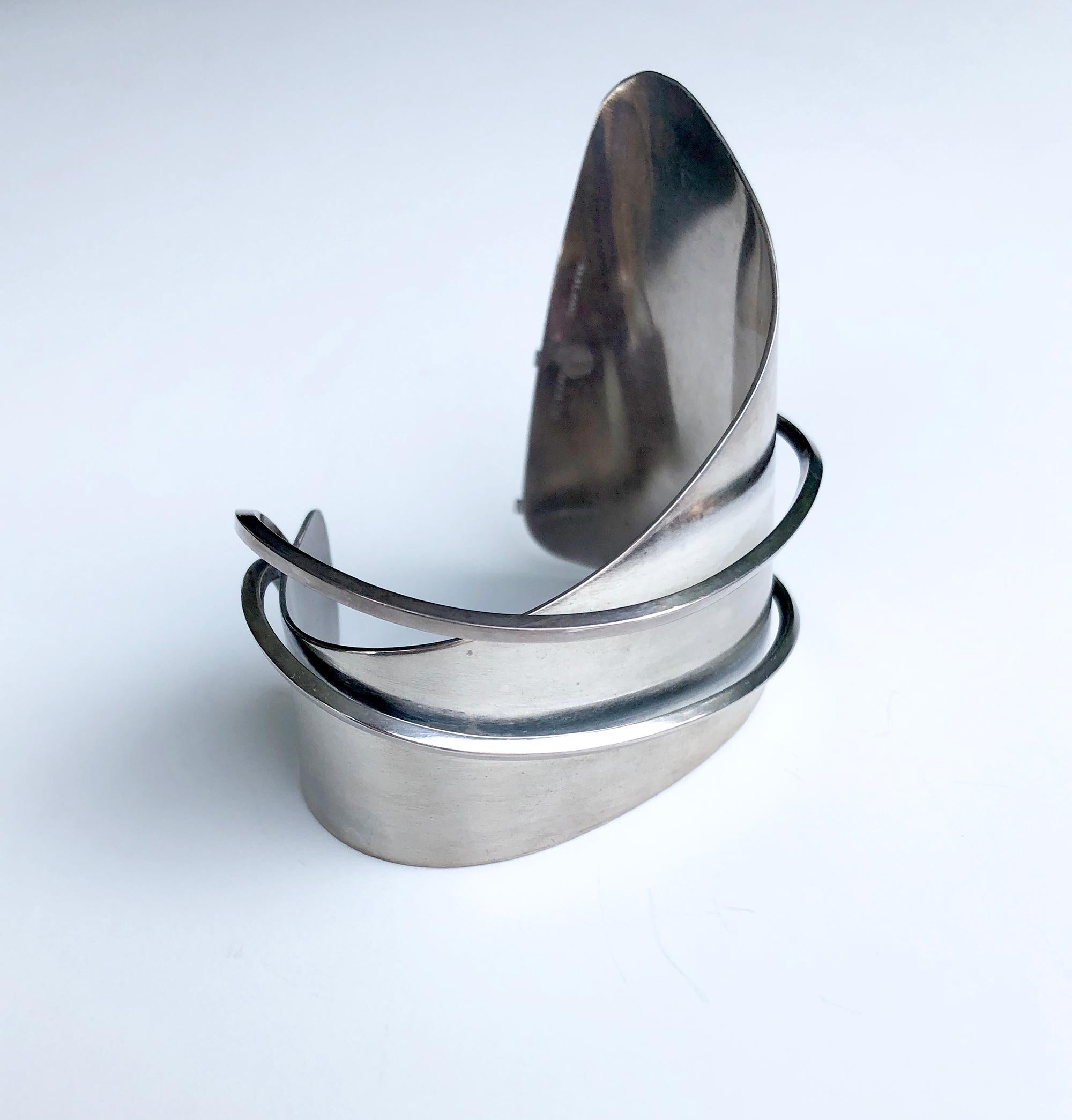 Large scale modernist hand wrought sterling silver cuff bracelet created by Ella L. Cone of Boston.  Cuff bracelet has a 6.75' to 7