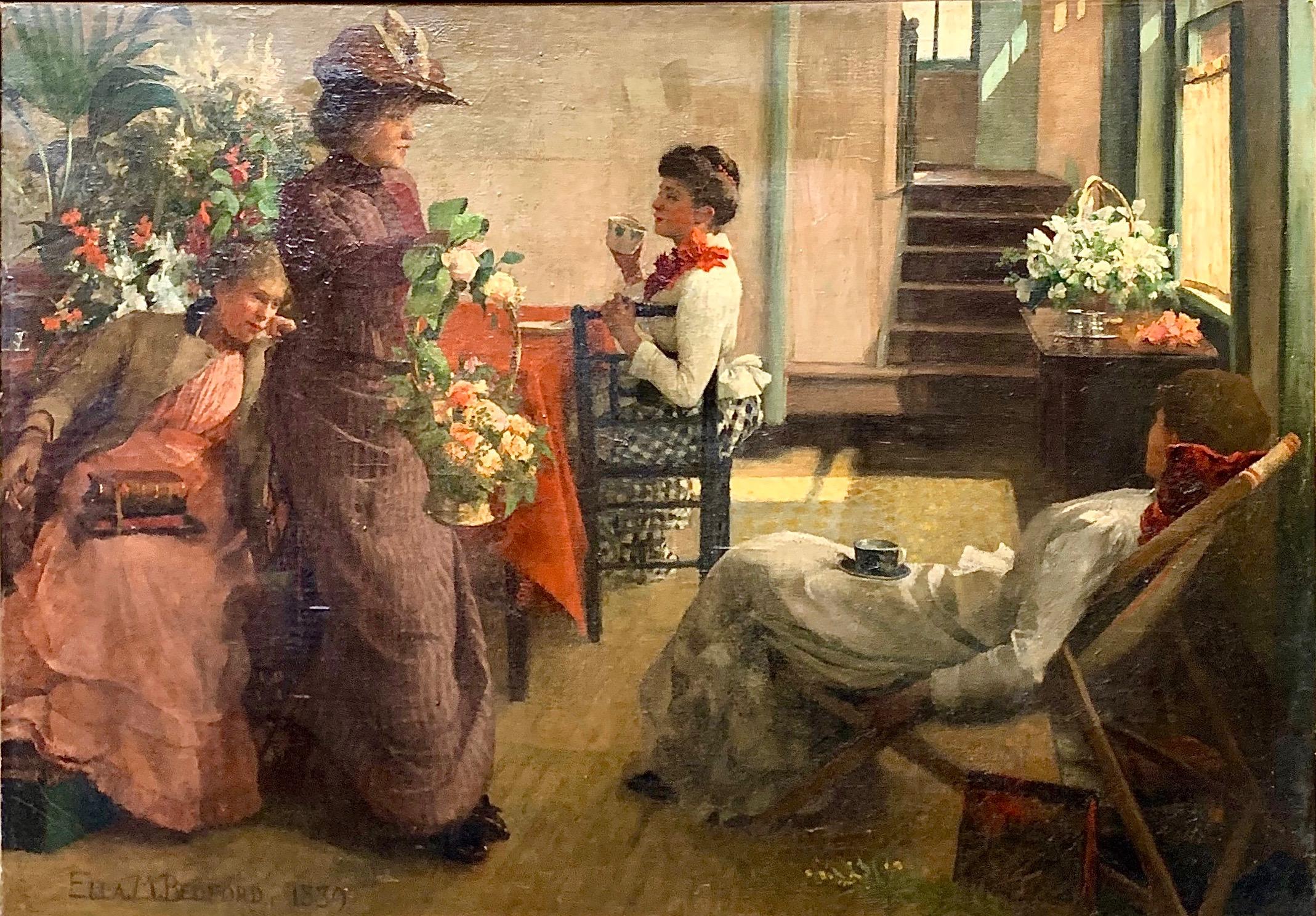 British Victorian oil on canvas painting by Ella M. Bedford (?-1908), titled 'Afternoon Tea' and depicting ladies lounging in an interior, having tea among flower arrangements. Bedford rose to prominence as one of a handful female painters breaking