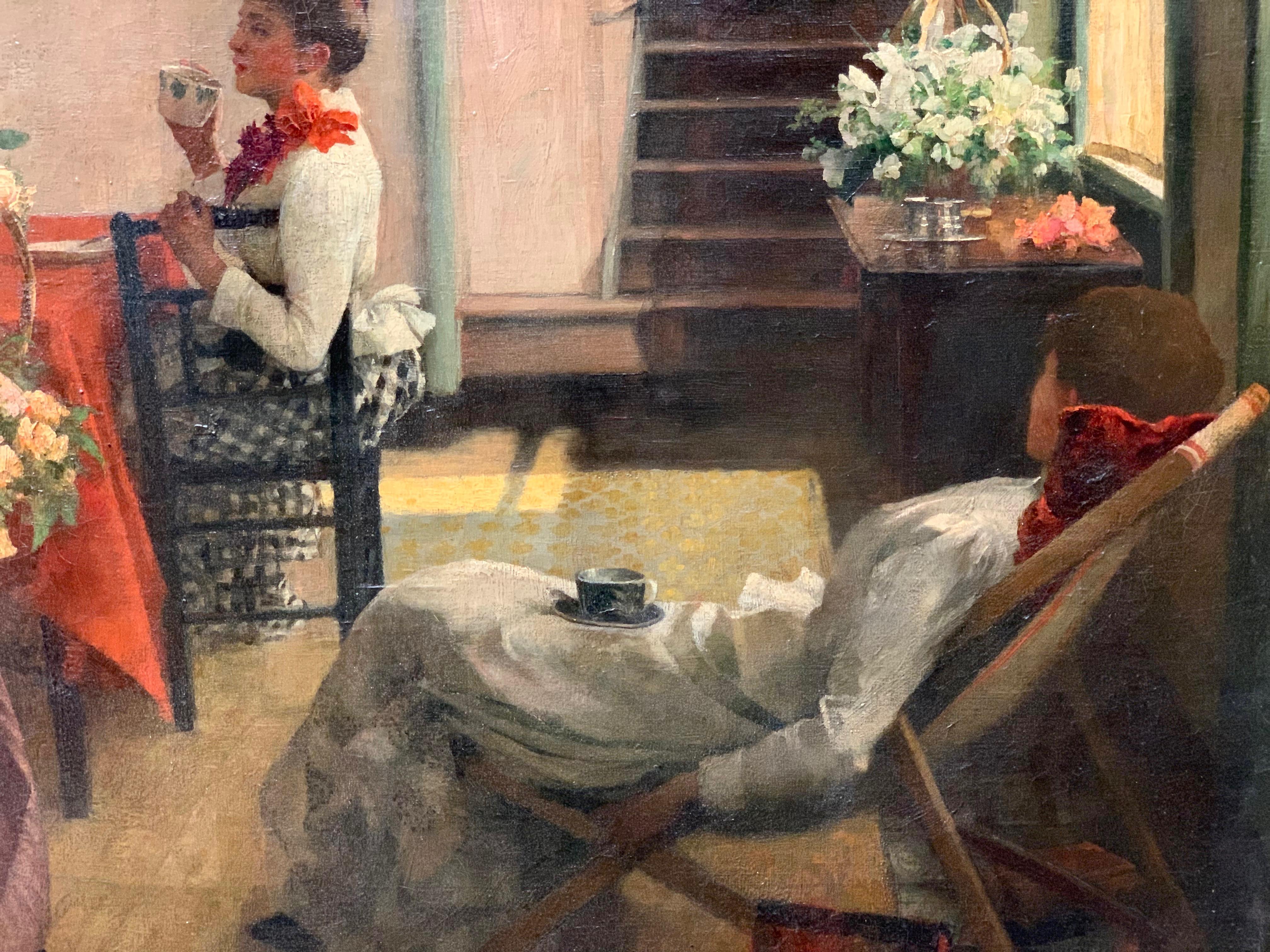 Ella M. Bedford 'Afternoon Tea' British Victorian Oil Painting In Good Condition In New York, NY