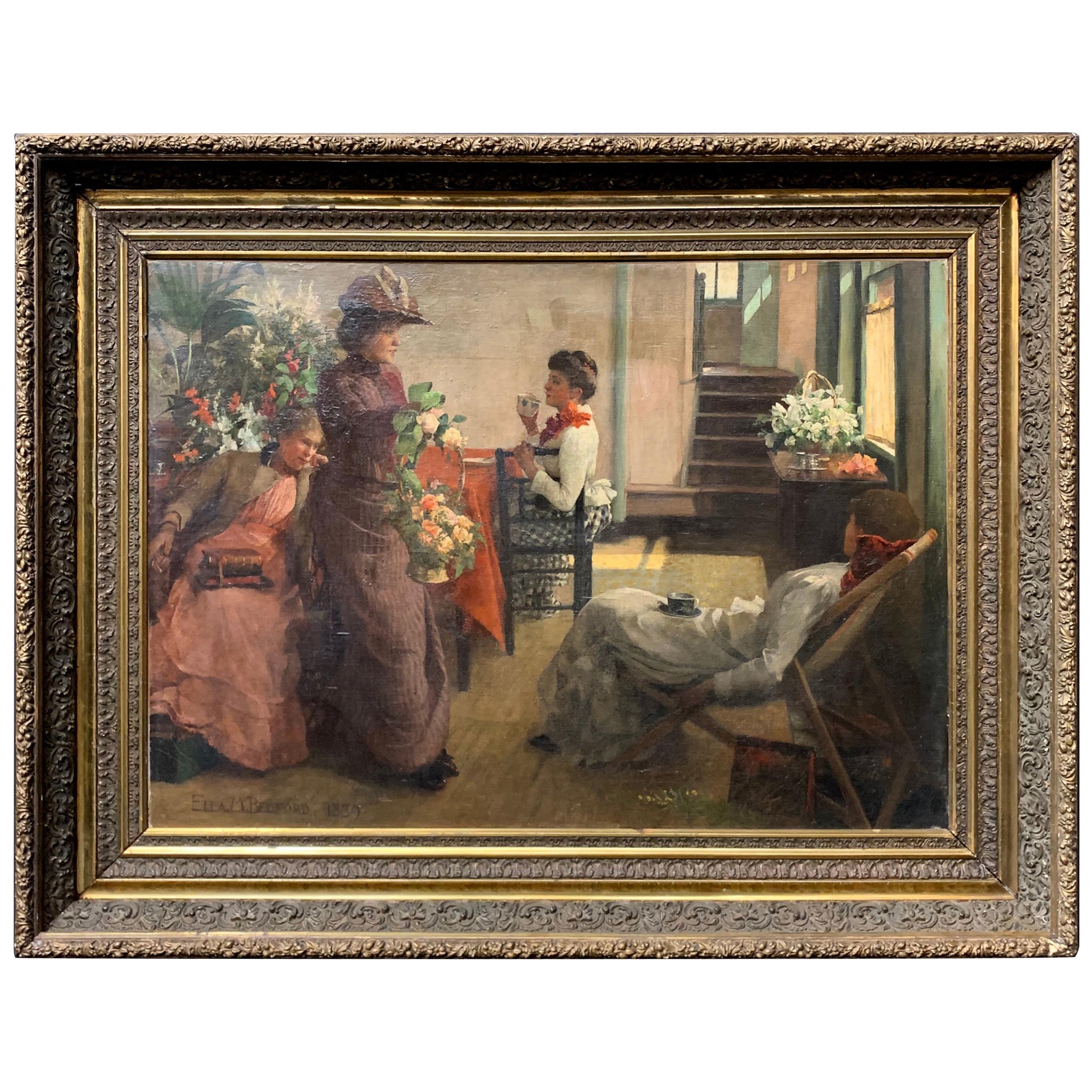 Ella M. Bedford 'Afternoon Tea' British Victorian Oil Painting