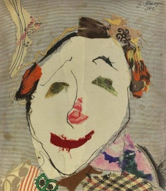 Torn Fabric Collage Dada "Clown Face" Mid Century Modern Israeli