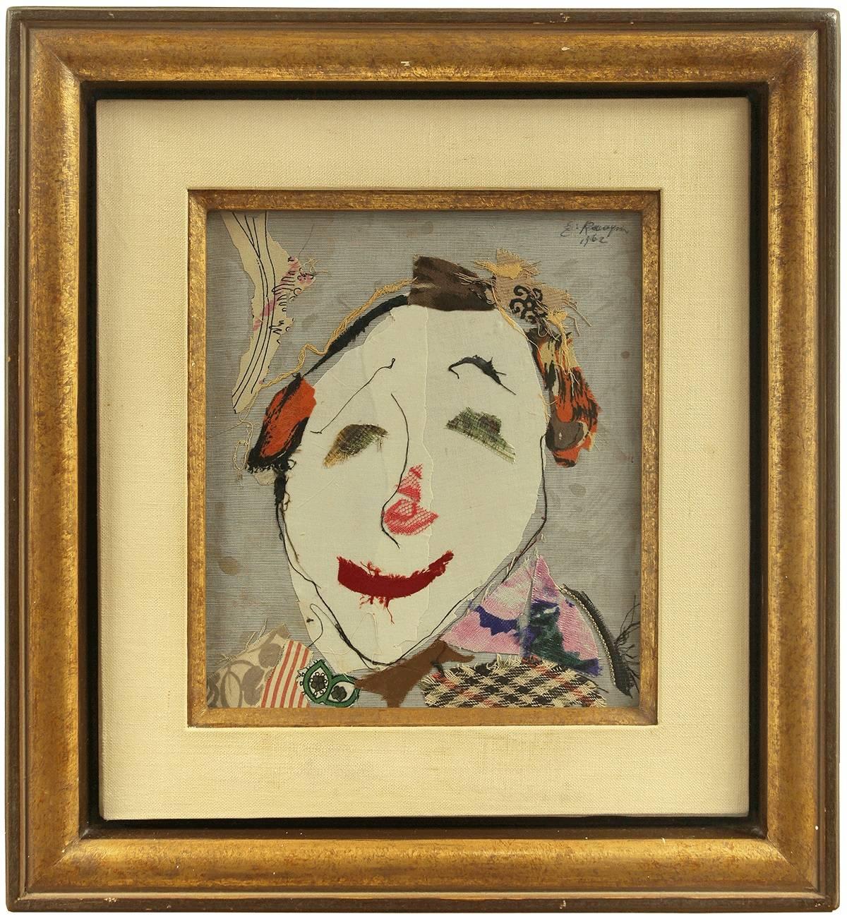 Torn Fabric Collage Dada "Clown Face" Mid Century Modern Israeli - Mixed Media Art by Ella Raayoni