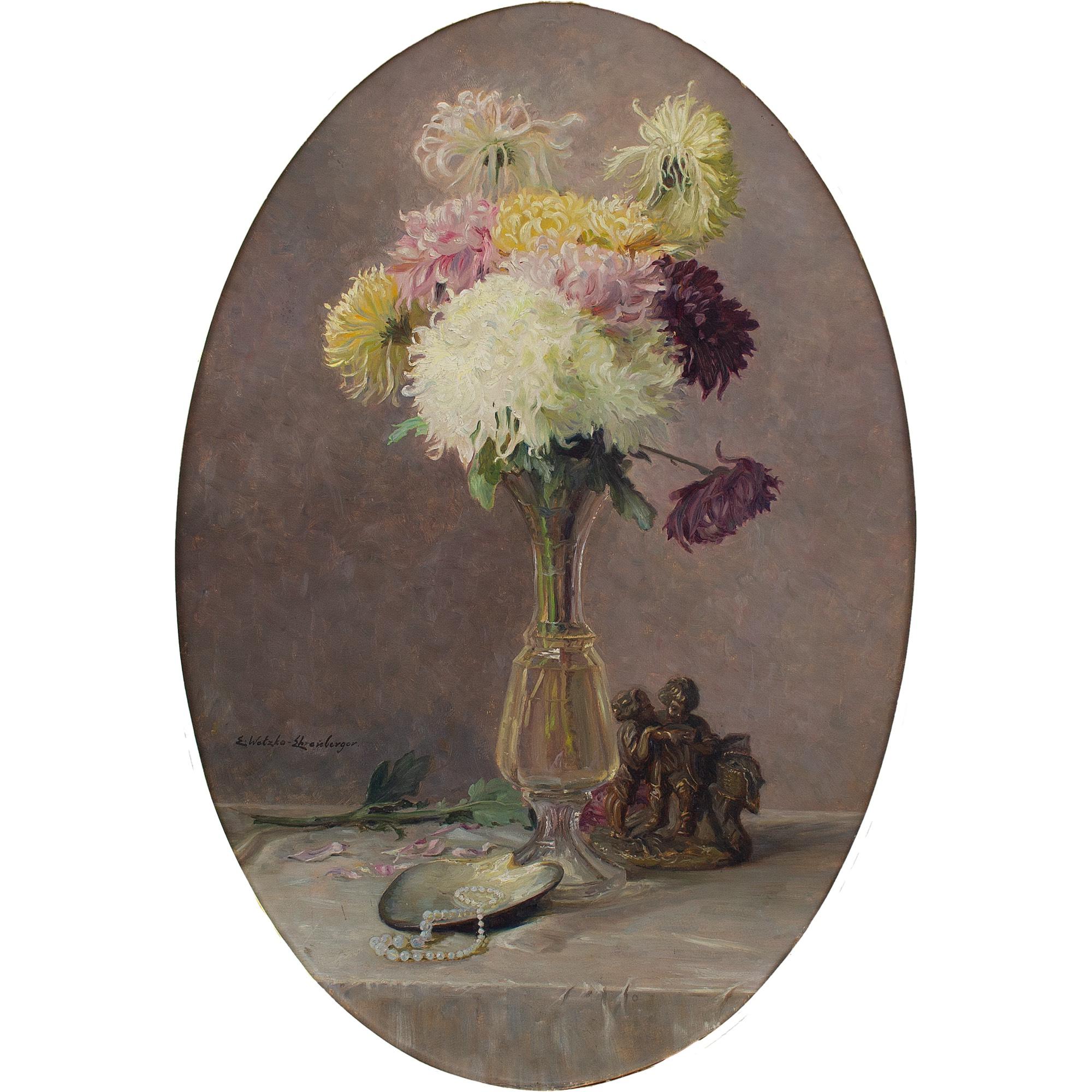 This enchanting still life by Austrian artist, Ella Wetzko-Ehrenberger (1874-1945), depicts an arrangement of chrysanthemums, oyster shell, statuette and pearl necklace. It’s a refined snapshot into the life of a sophisticated woman.

There’s a
