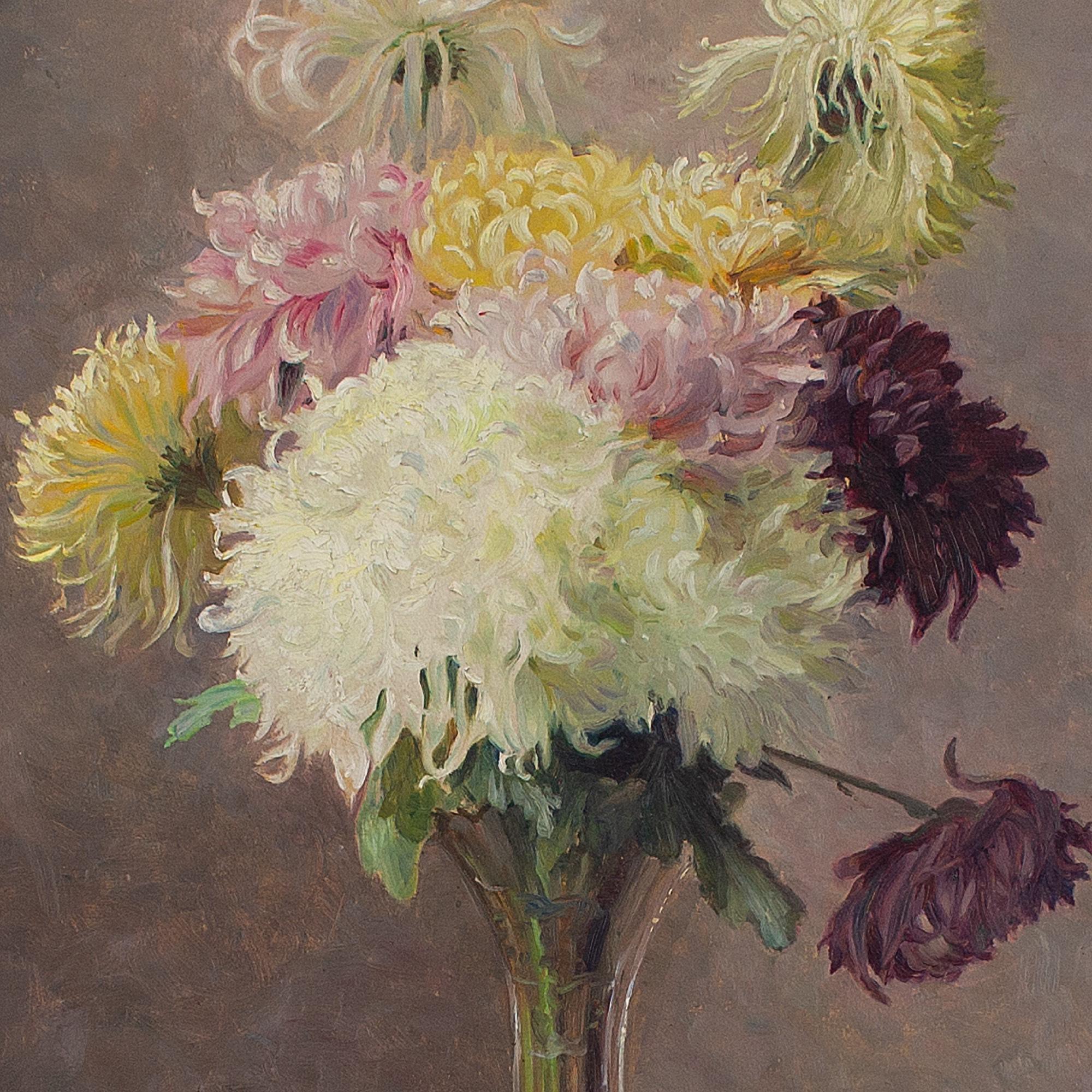 Ella Wetzko-Ehrenberger, Nature morte avec chrysanthèmes, peinture à l'huile en vente 2