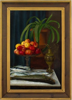 Helene Krebs, Still Life With Apples & Fish, Oil Painting