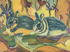 "Two Rabbits" Colorful Mid Century Modern Painting