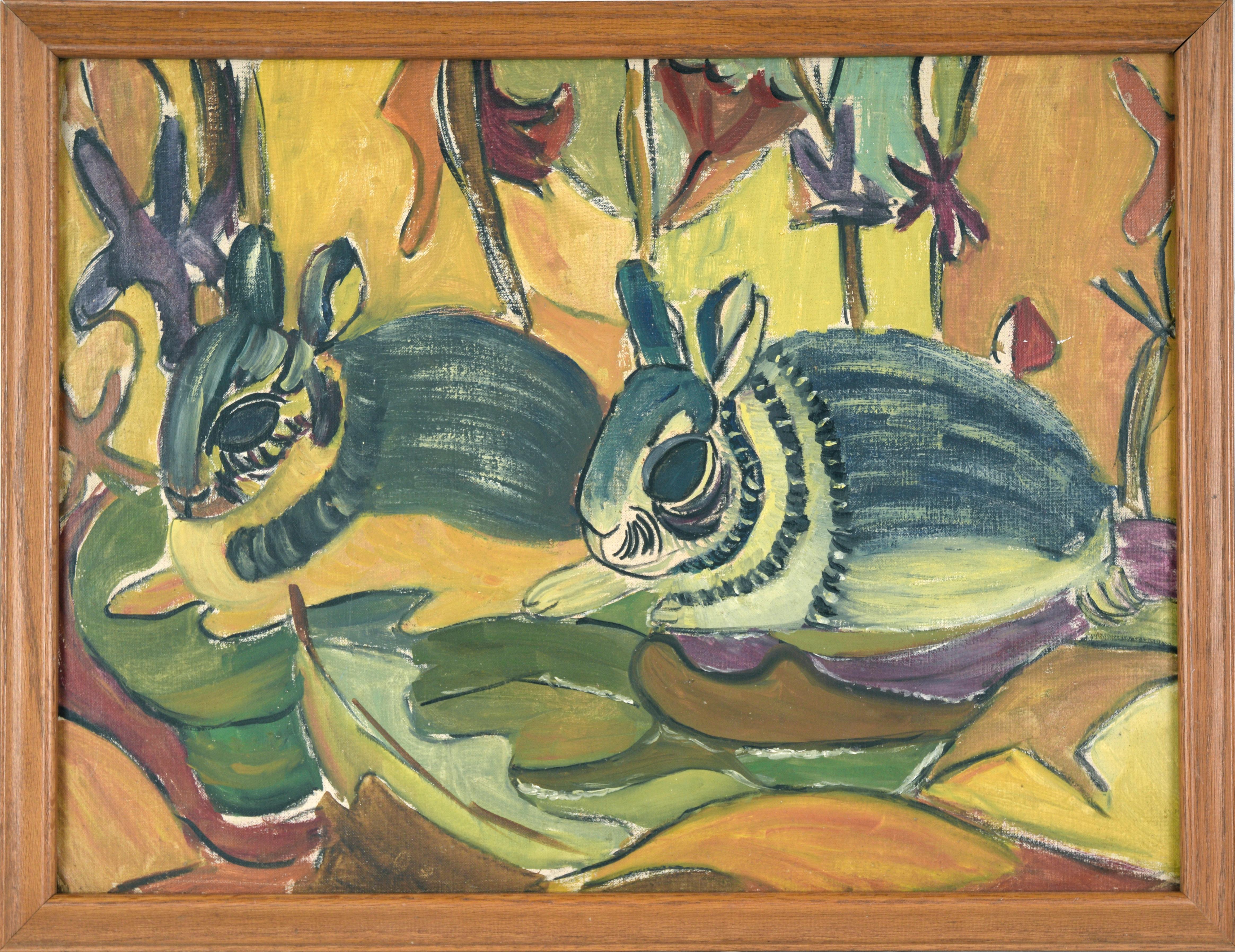 "Two Rabbits" Colorful Mid Century Modern Painting