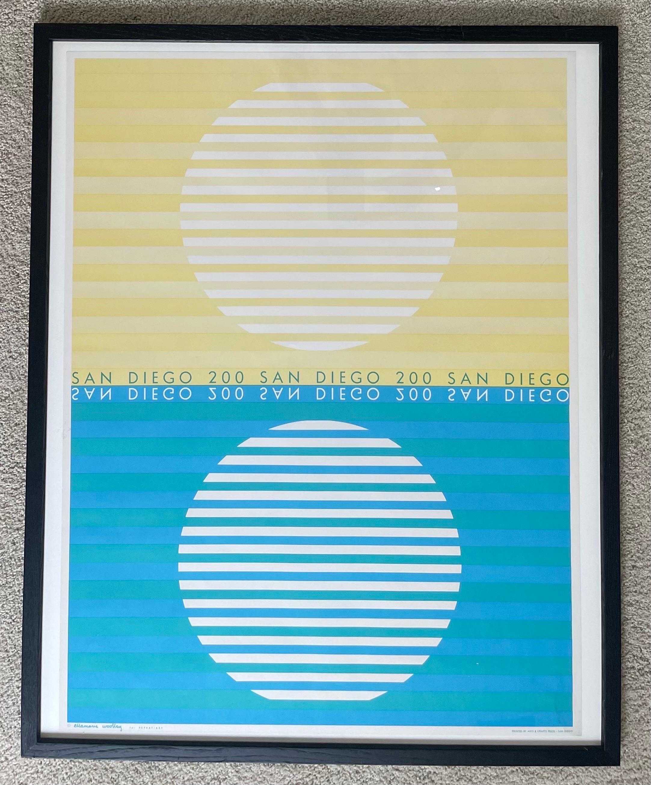 A super rare and hard to find Ellamarie Woolley San Diego 200 arts & crafts poster, circa 2000. The piece is in good condition with a very small water stain on the bottom right of the piece (please see pictures). The poster is presented in a thin