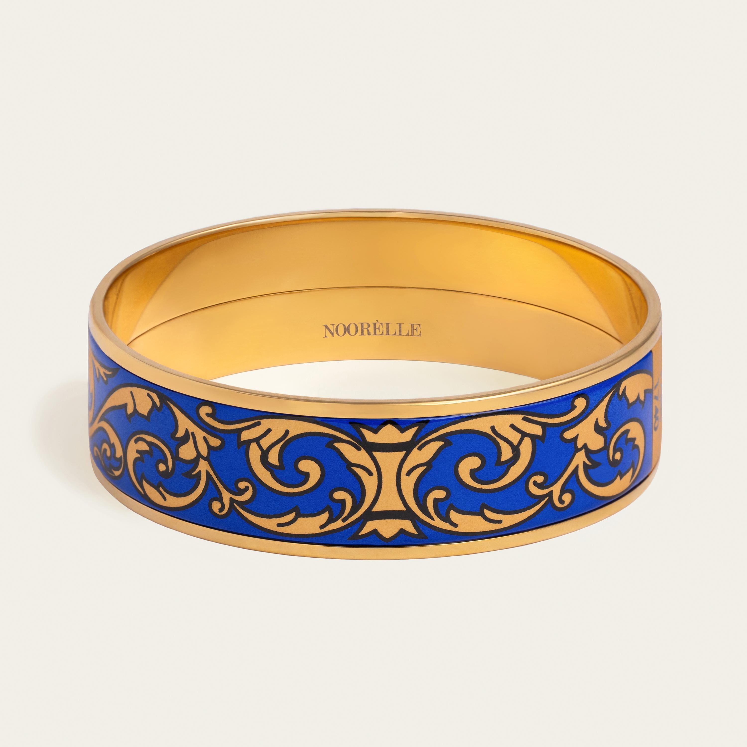 Contemporary Blue Hand-Painted Gold-Plated Stainless Steel Bangle with Fire Enamel Detail For Sale
