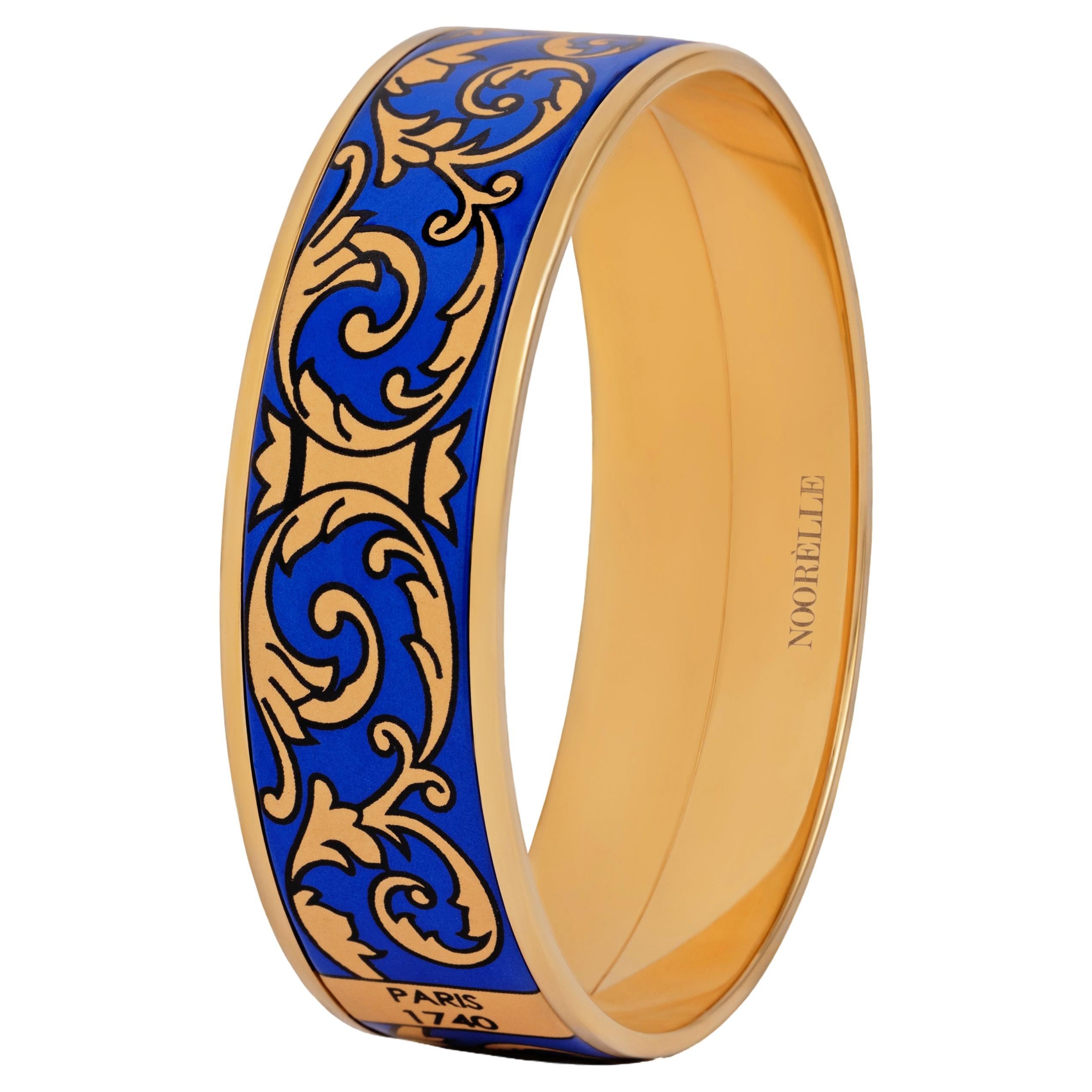 Blue Hand-Painted Gold-Plated Stainless Steel Bangle with Fire Enamel Detail For Sale