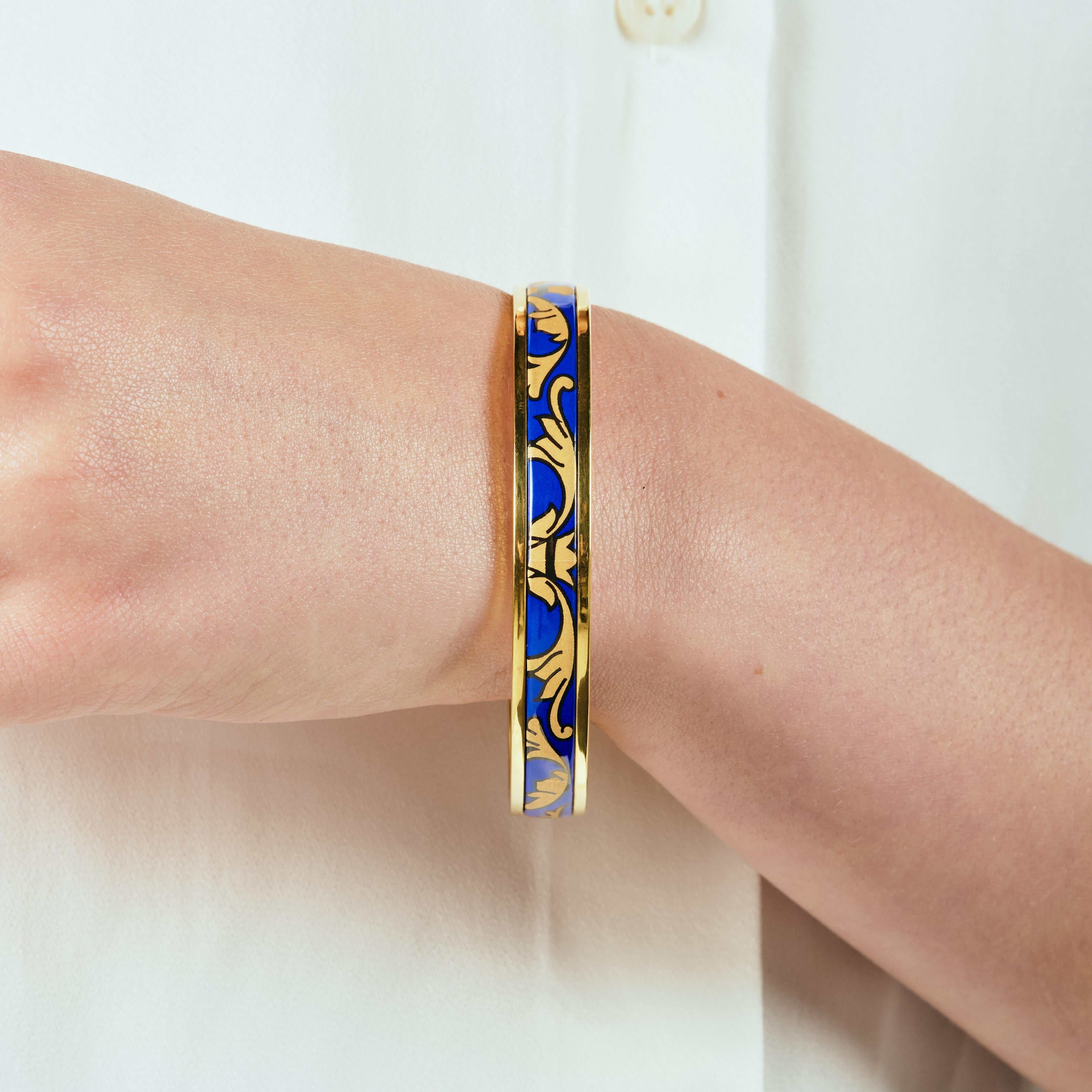 Contemporary Blue Thin Hand Painted Gold-Plated Stainless Steel Bangle w/ Fire Enamel Detail For Sale
