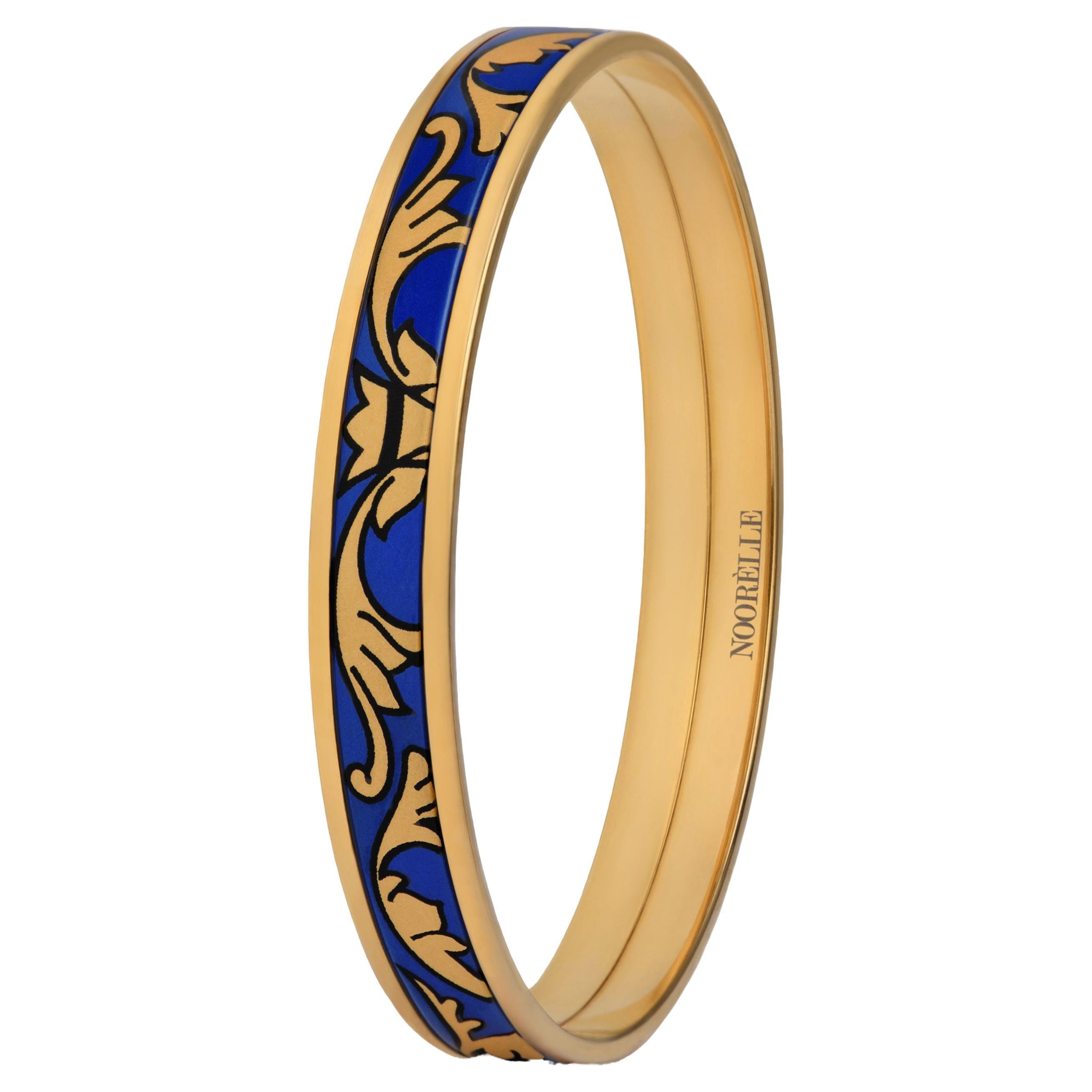 Blue Thin Hand Painted Gold-Plated Stainless Steel Bangle w/ Fire Enamel Detail For Sale