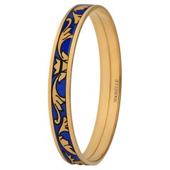Blue Thin Hand Painted Gold-Plated Stainless Steel Bangle w/ Fire Enamel Detail
