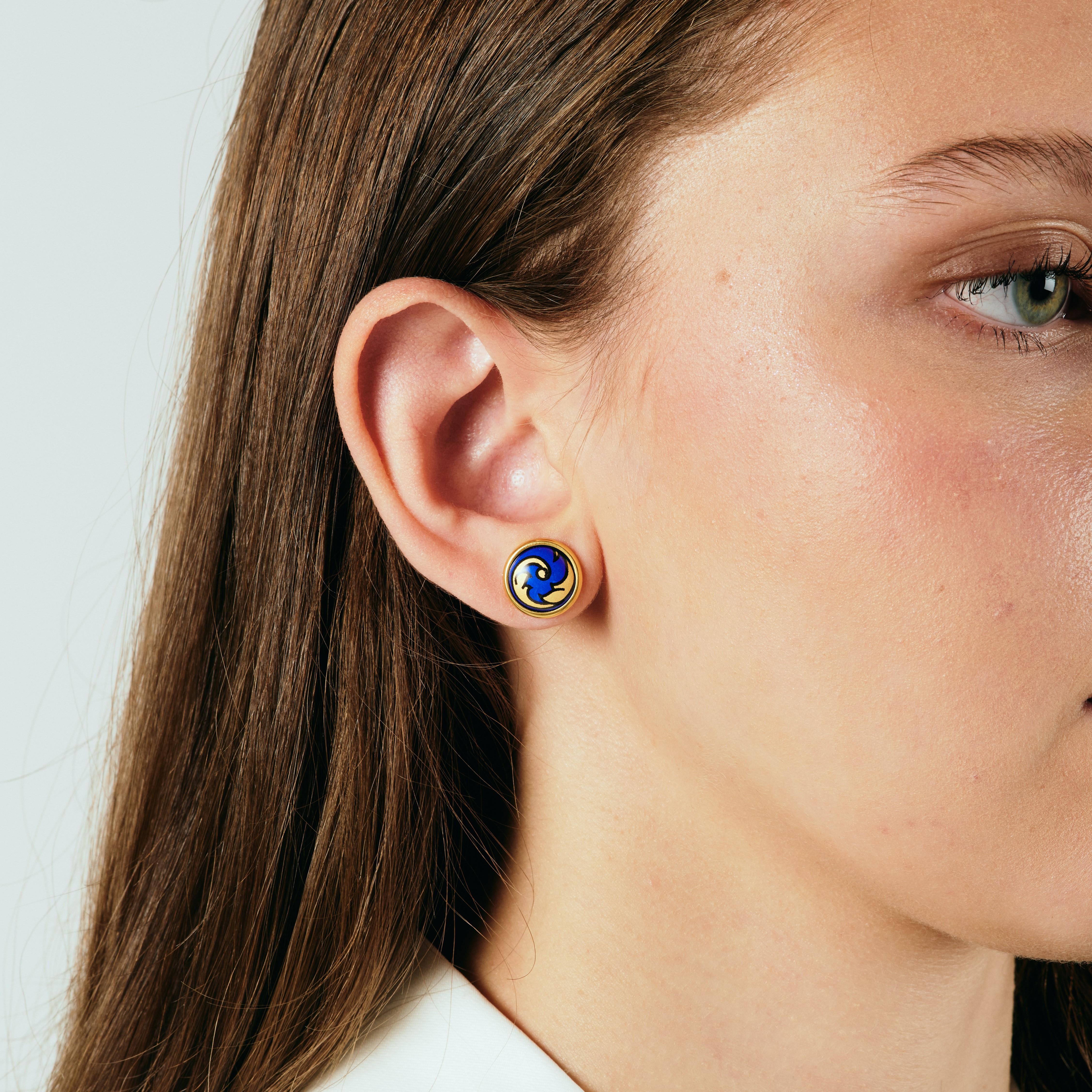 Contemporary Blue Hand-Painted Gold-Plated Stainless Steel Stud Earring w/ Fire Enamel Detail For Sale