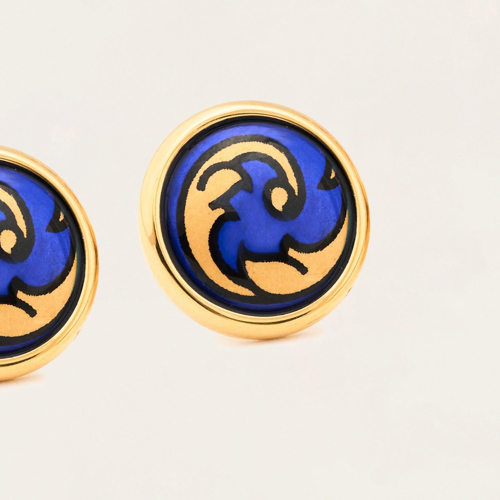 Blue Hand-Painted Gold-Plated Stainless Steel Stud Earring w/ Fire Enamel Detail In New Condition For Sale In Woodbridge, CA