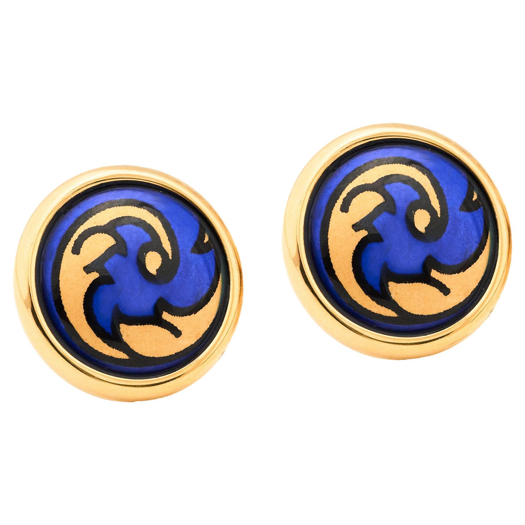 Blue Hand-Painted Gold-Plated Stainless Steel Stud Earring w/ Fire Enamel Detail For Sale