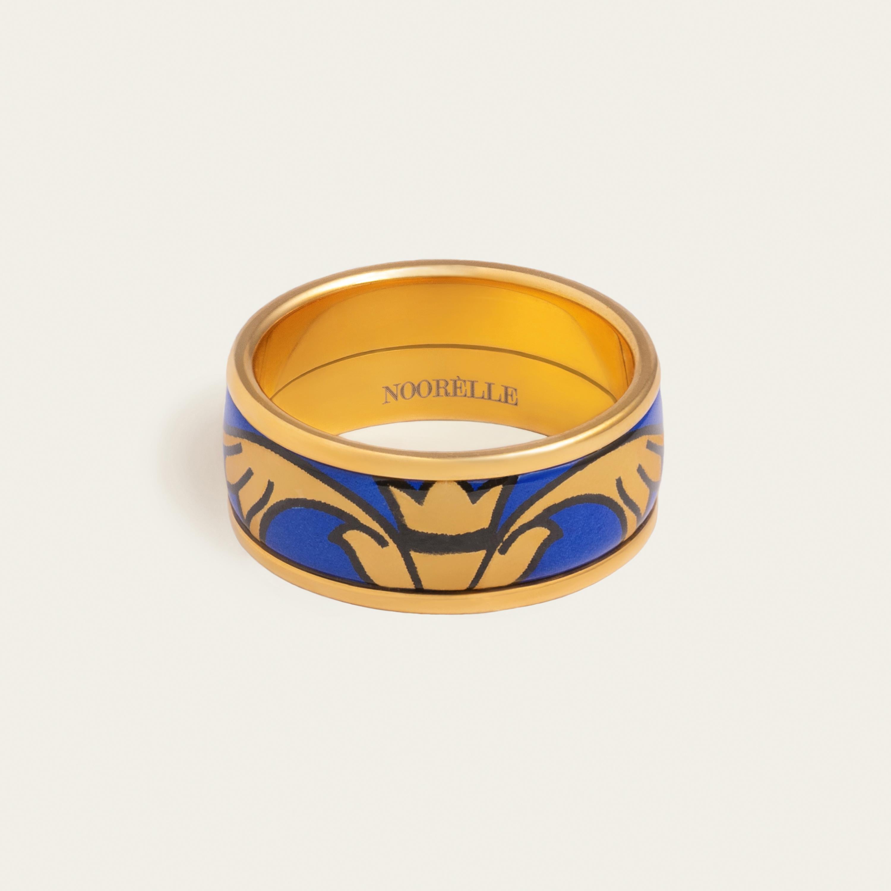For Sale:  Blue Hand-Painted Gold-Plated Stainless Steel Band Ring with Fire Enamel Detail 2