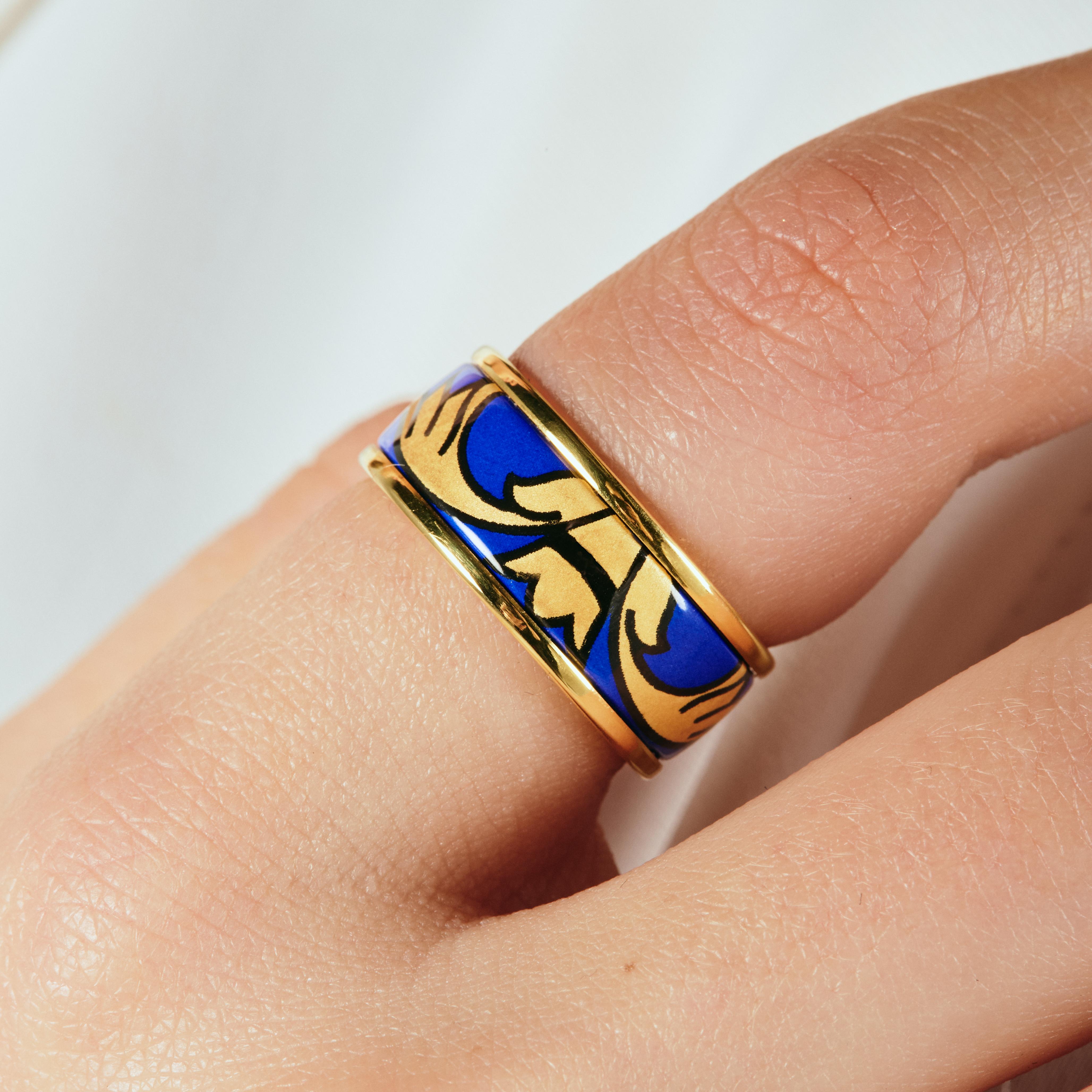 For Sale:  Blue Hand-Painted Gold-Plated Stainless Steel Band Ring with Fire Enamel Detail 4
