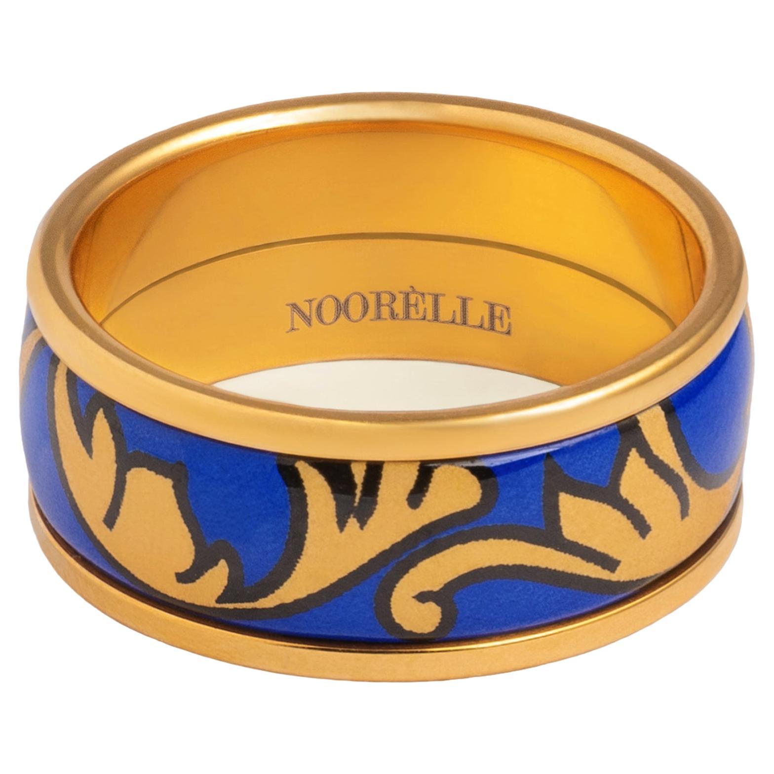 For Sale:  Blue Hand-Painted Gold-Plated Stainless Steel Band Ring with Fire Enamel Detail