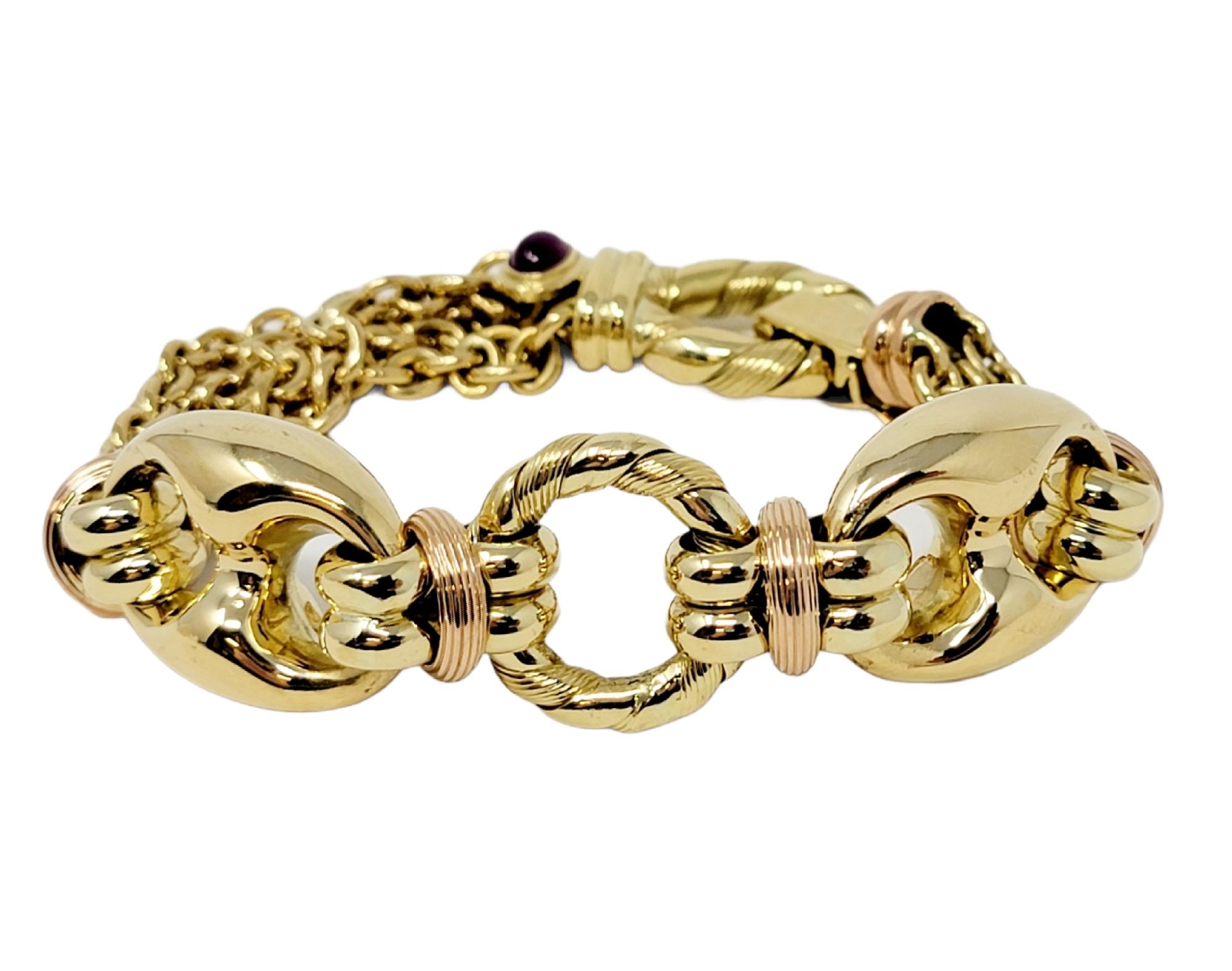Beautiful 18 karat yellow and rose gold chain link bracelet from Italian designer, Elledue. This stunning piece offers a contemporary sophistication with a unique design. The asymmetrical layout features 5 loose rows of yellow gold chain links