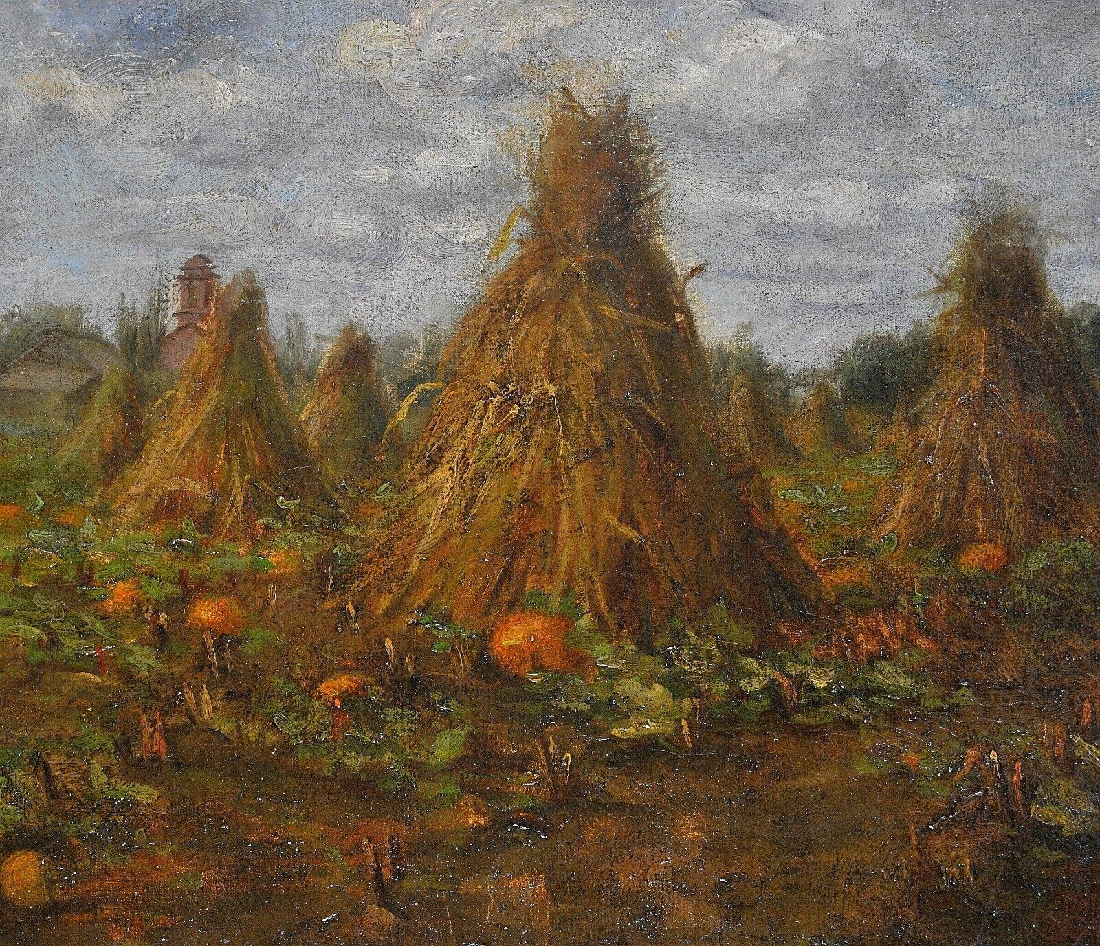 Hay Stacks & Pumpkins - Large 19th Century American Landscape Antique Painting - Brown Landscape Painting by Ellen Angeline Holmes