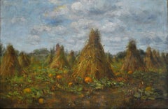 Hay Stacks & Pumpkins - Large 19th Century American Landscape Antique Painting
