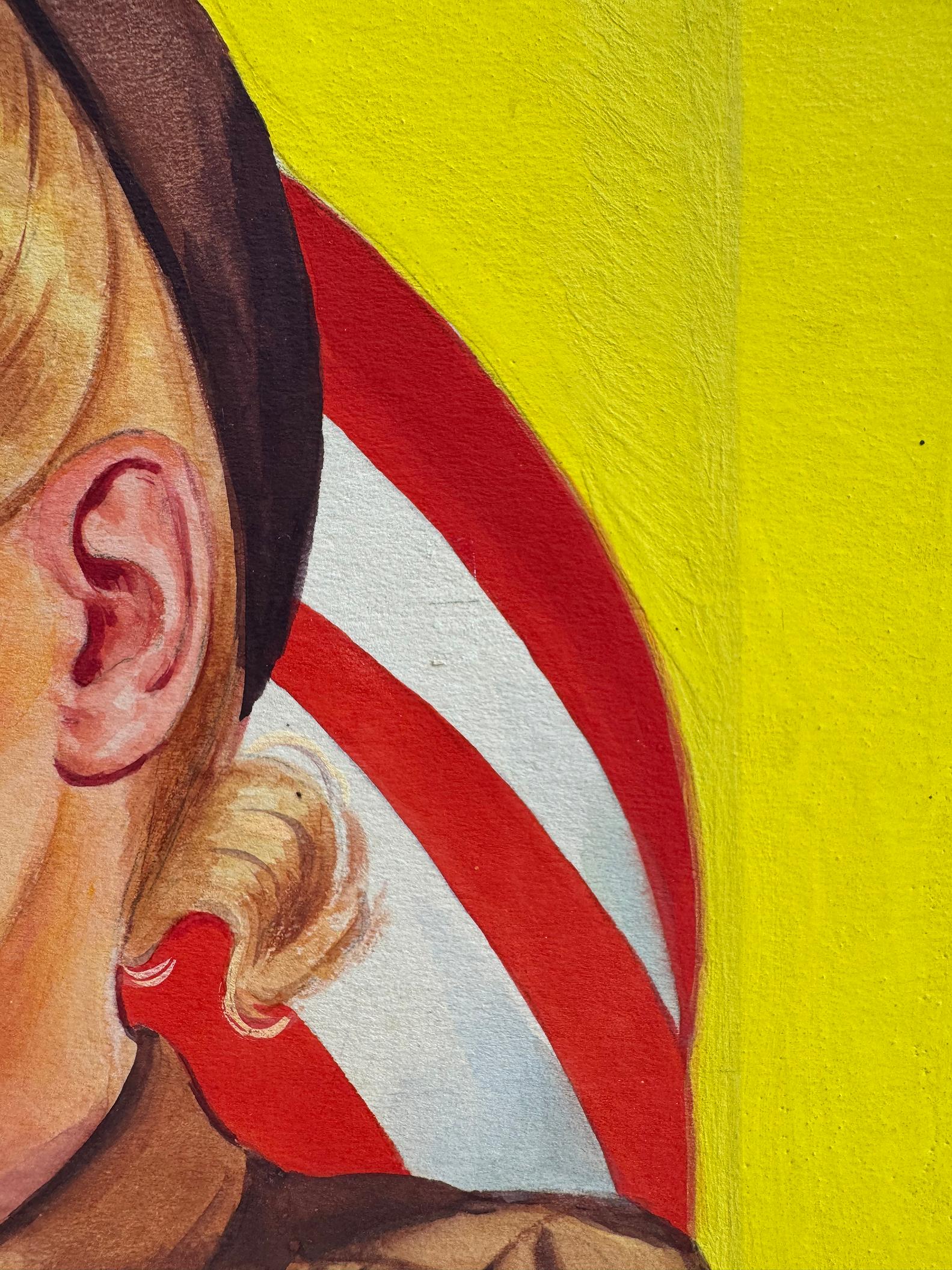 Ragazza scout bionda di metà secolo - Saluto patriottico con bandiera americana - Painting di Ellen Barbara Segner