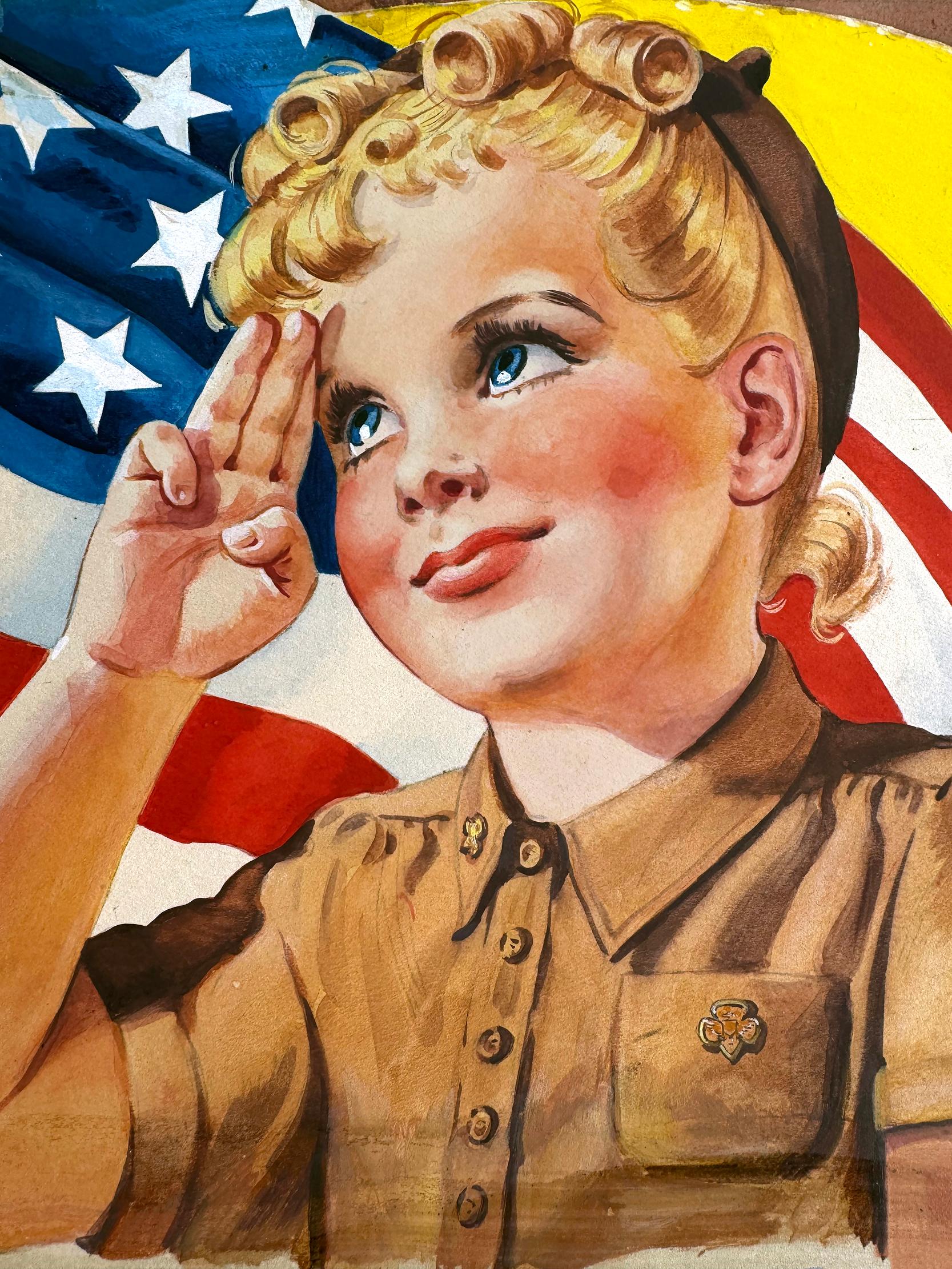 Ragazza scout bionda di metà secolo - Saluto patriottico con bandiera americana - Painting Realismo americano di Ellen Barbara Segner