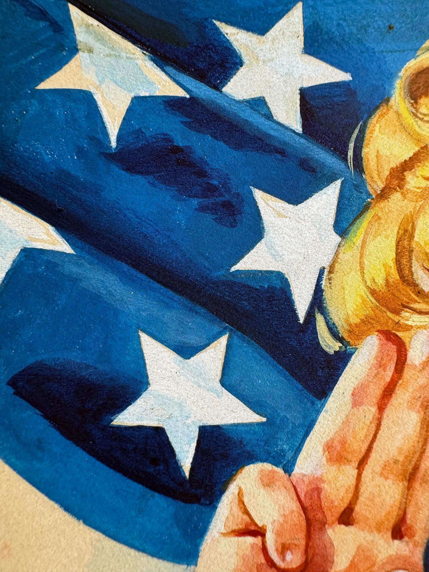 Ragazza scout bionda di metà secolo - Saluto patriottico con bandiera americana - Figurative Painting Marrone di Ellen Barbara Segner