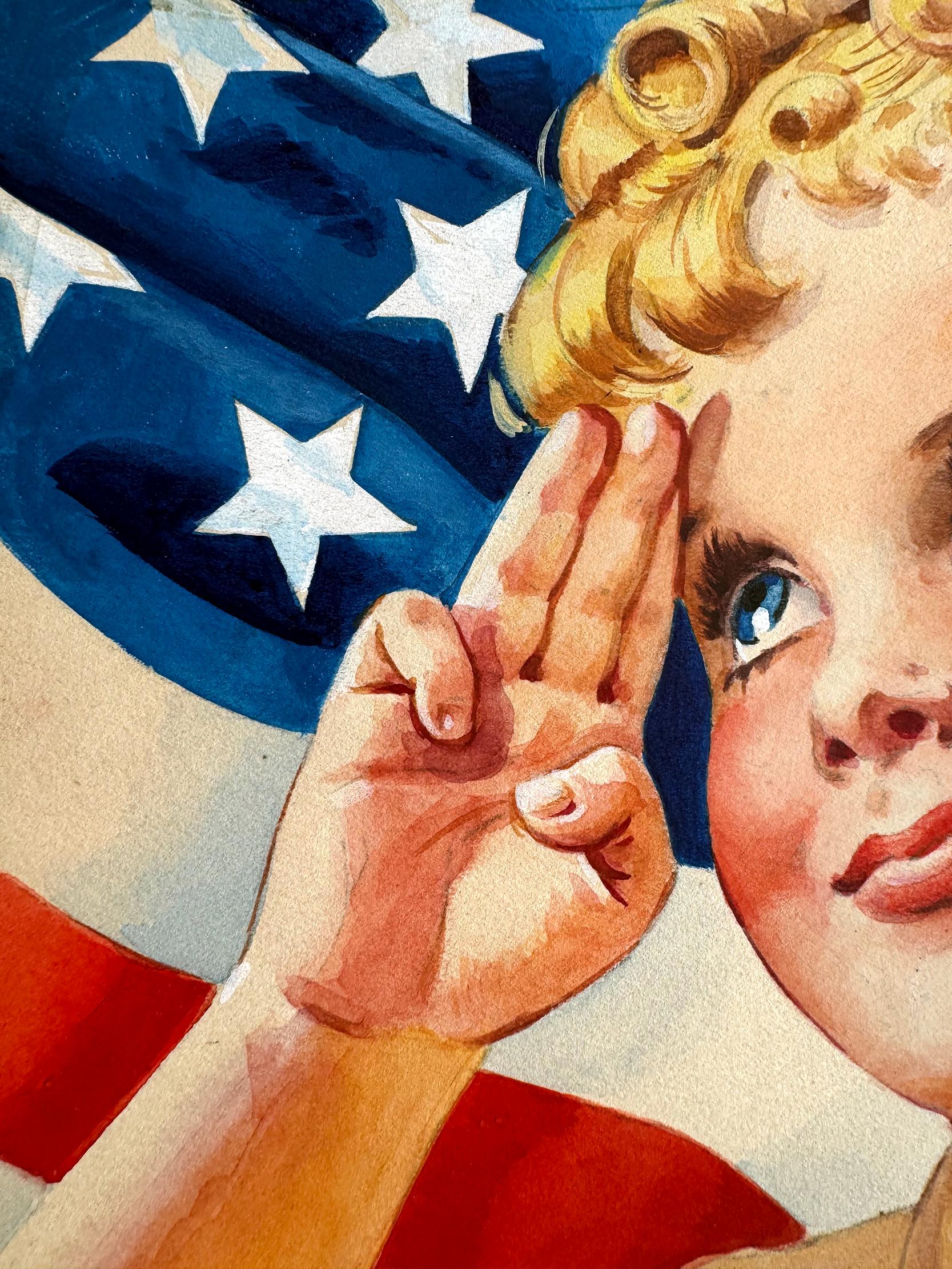 Questa illustrazione simile a un poster della metà del secolo scorso, che raffigura una ragazza scout bionda impegnata in un saluto patriottico contro una bandiera americana, è opera della nota illustratrice realista Ellen Barbara Segner. Il suo
