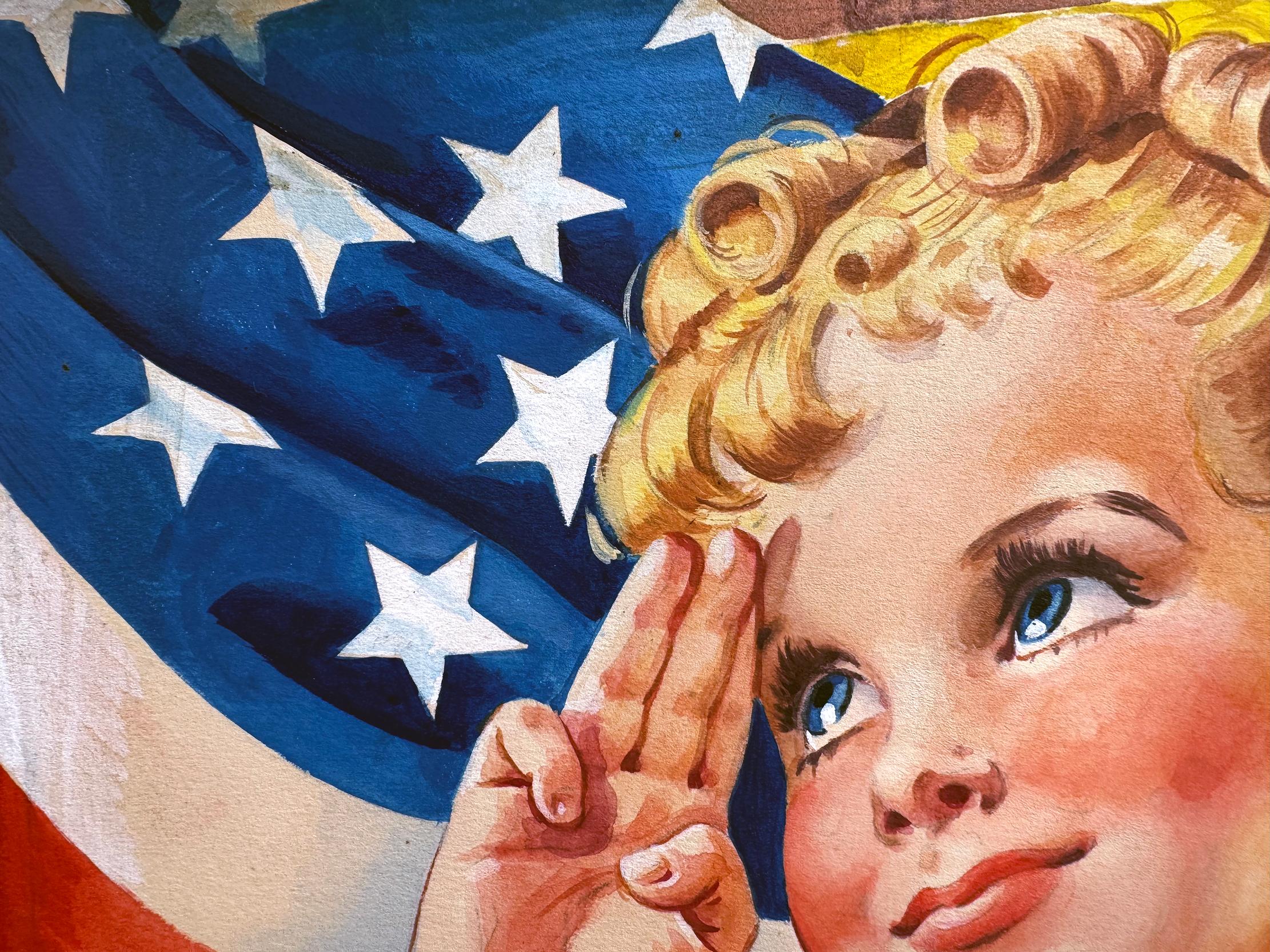 Ragazza scout bionda di metà secolo - Saluto patriottico con bandiera americana in vendita 3