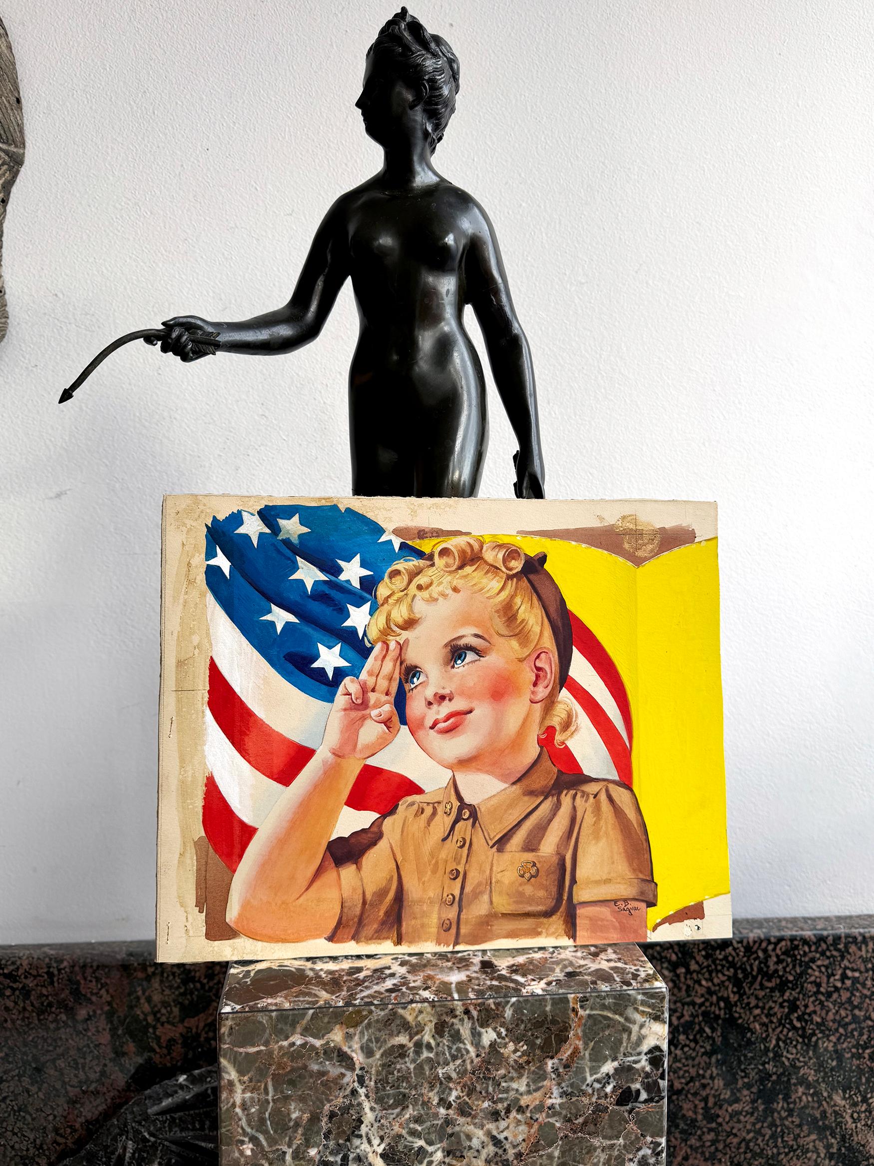 Ragazza scout bionda di metà secolo - Saluto patriottico con bandiera americana in vendita 4