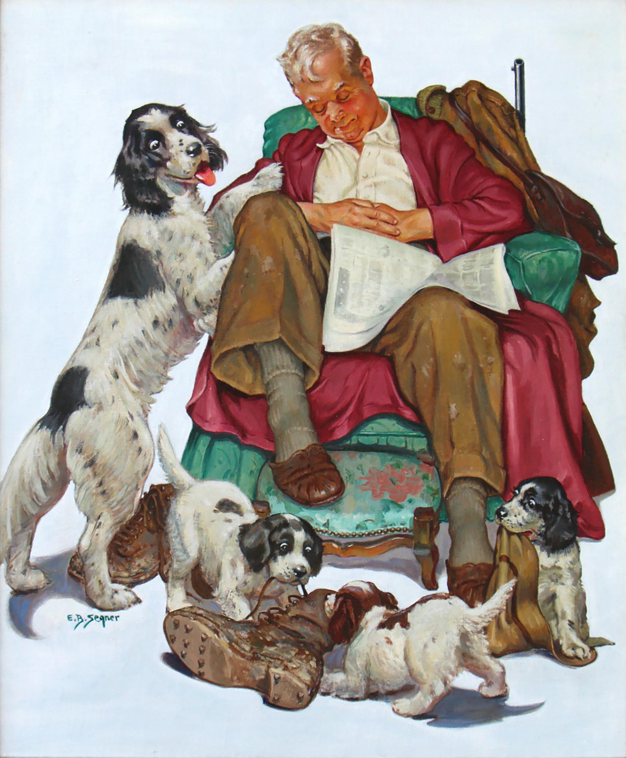 Ellen Barbara Segner Figurative Painting - Napping with his Dogs