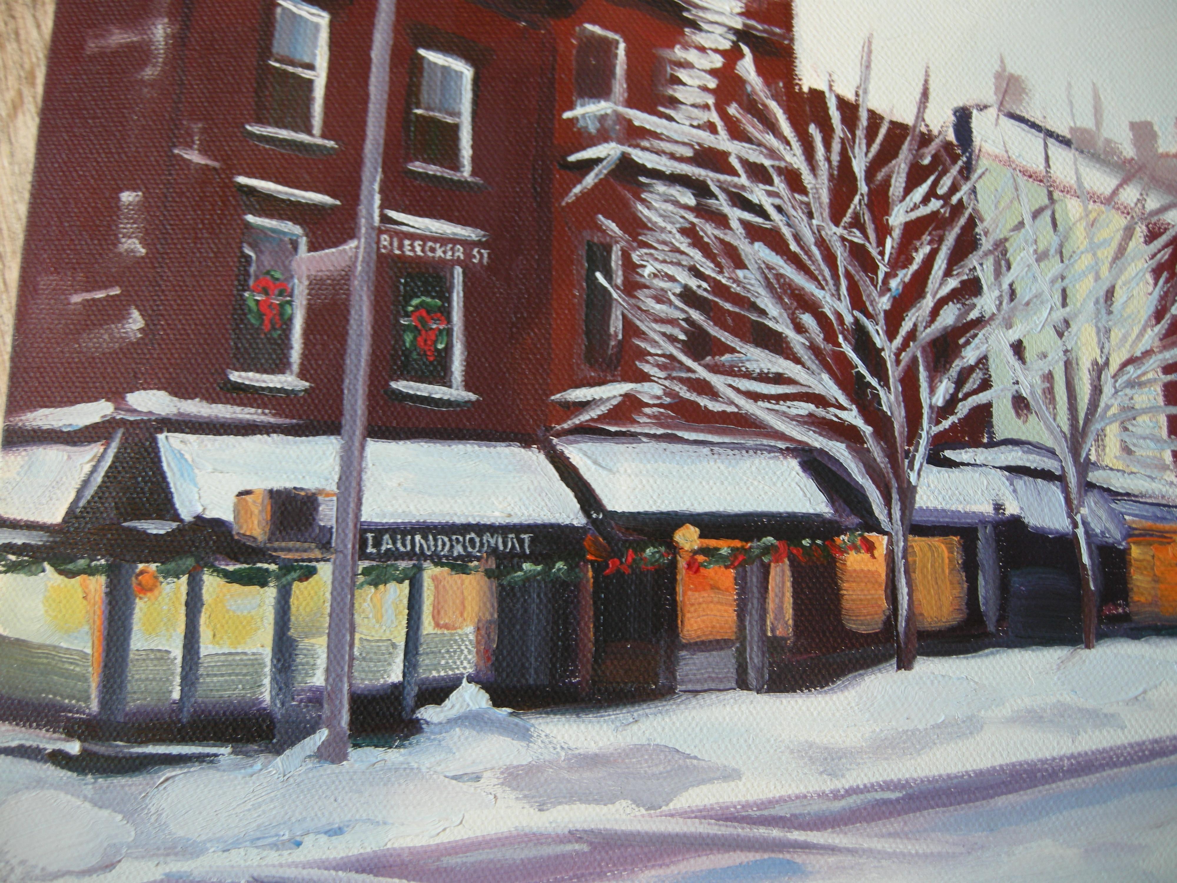 Una fredda passeggiata nel tardo pomeriggio d'inverno lungo Bleecker St nel West Village, resa più allegra dall'invitante bagliore delle luci e delle decorazioni dei negozi durante le festività natalizie a Manhattan.  :: Pittura :: Realismo ::
