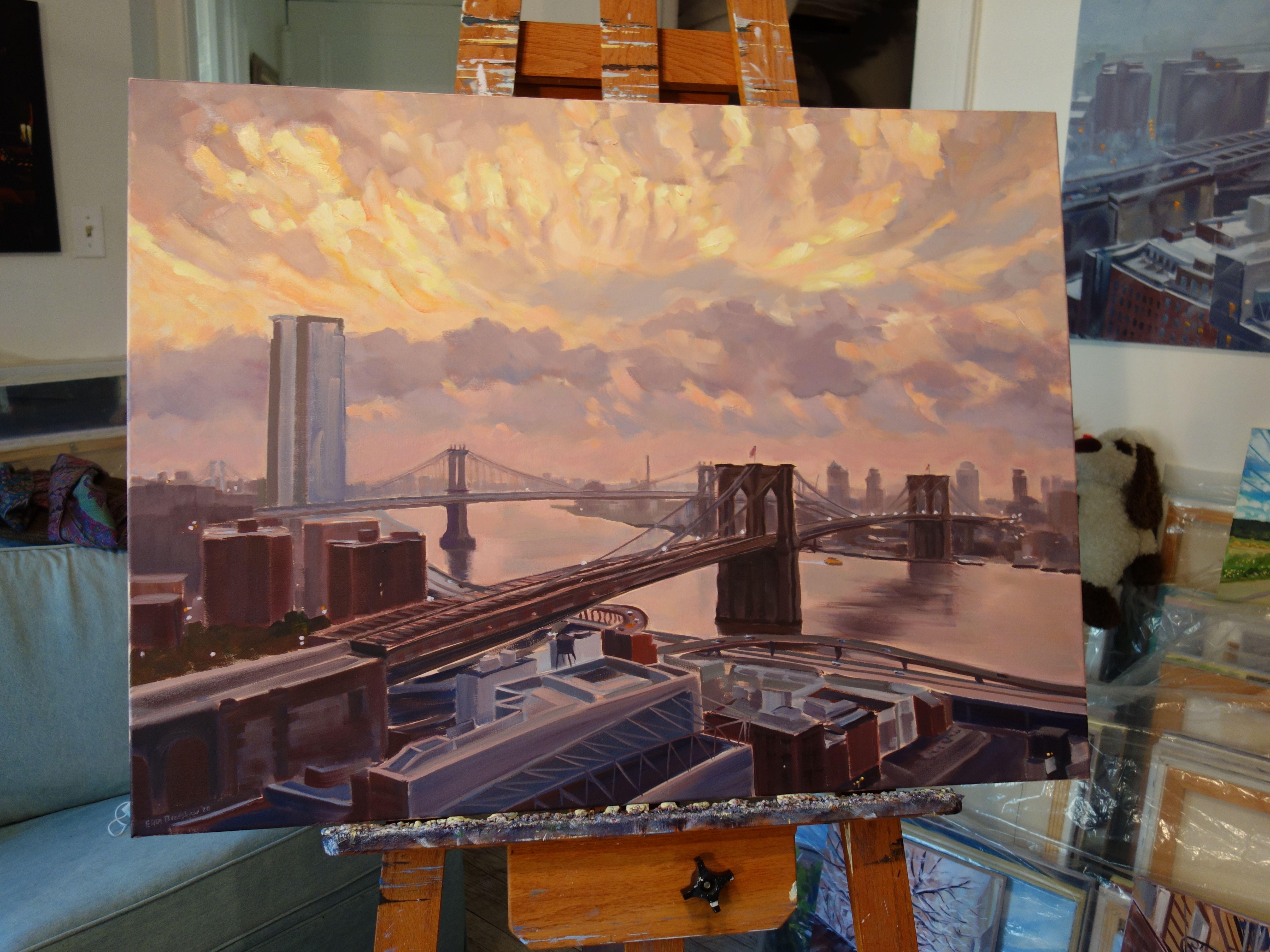 A stunning sunrise view from the artist's balcony on the 25th floor of her apartment inspired this colorful vision! As the sun breaks through the fog, swirling pastel pinks and mauve and orange and yellow grey hues sing above the Brooklyn and