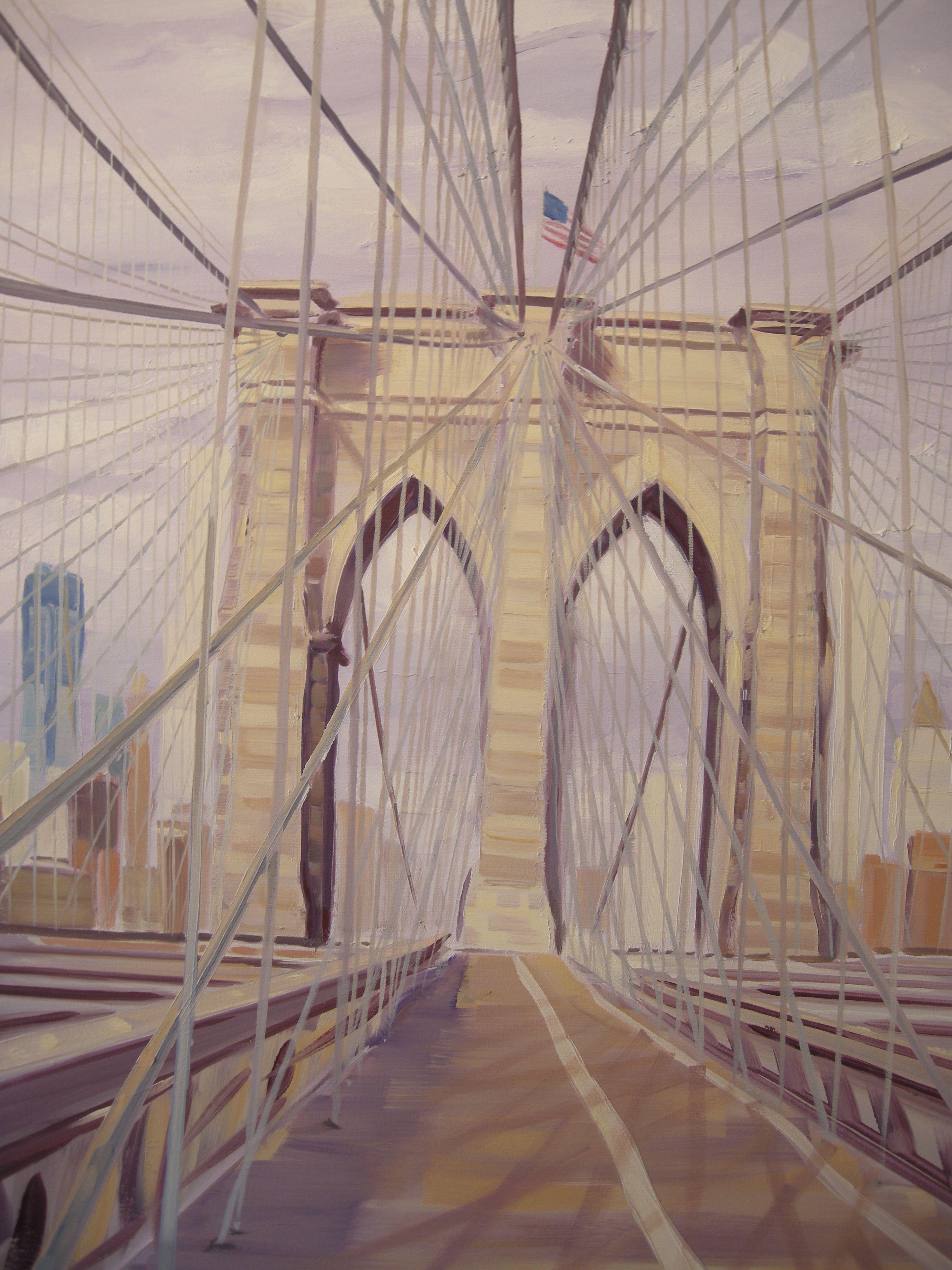 Une promenade sur le pont de Brooklyn en direction de Manhattan en plein soleil a offert un éblouissant entrecroisement de câbles complexes rendu encore plus beau par le jeu du soleil et de l'ombre : : Peinture : : Réalisme : : Cette pièce est