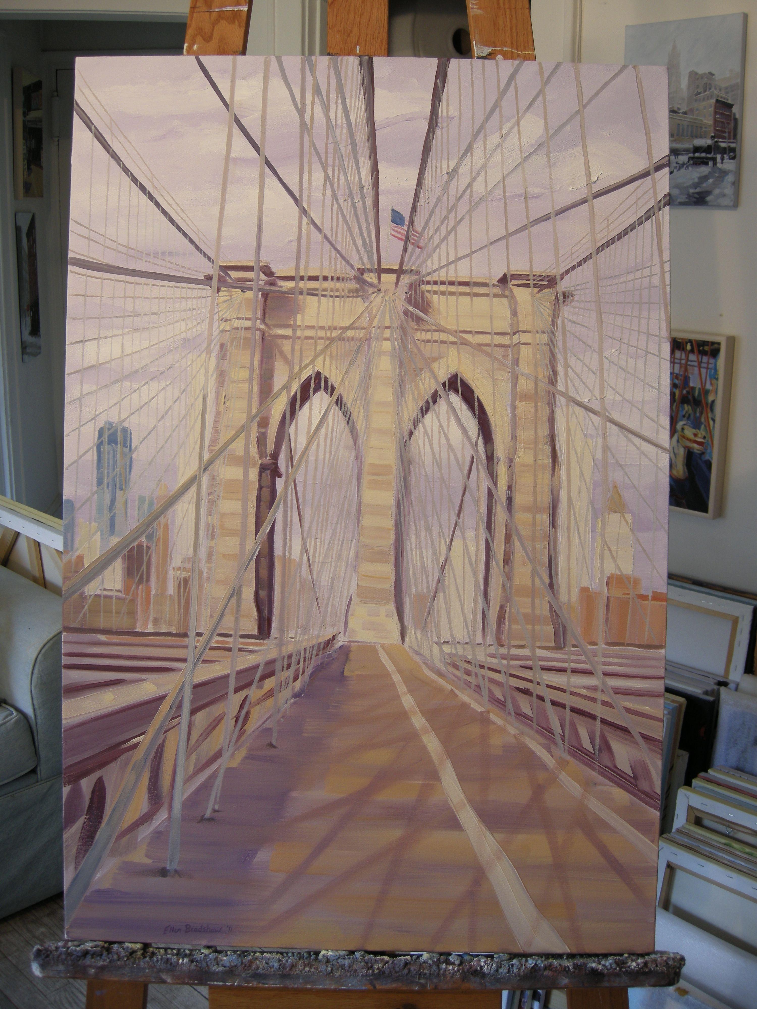 A walk across the Brooklyn Bridge towards Manhattan in full sun offered a dazzling crisscross of intricate cable work made even more beautiful through play of sun and shadow! :: Painting :: Realism :: This piece comes with an official certificate of
