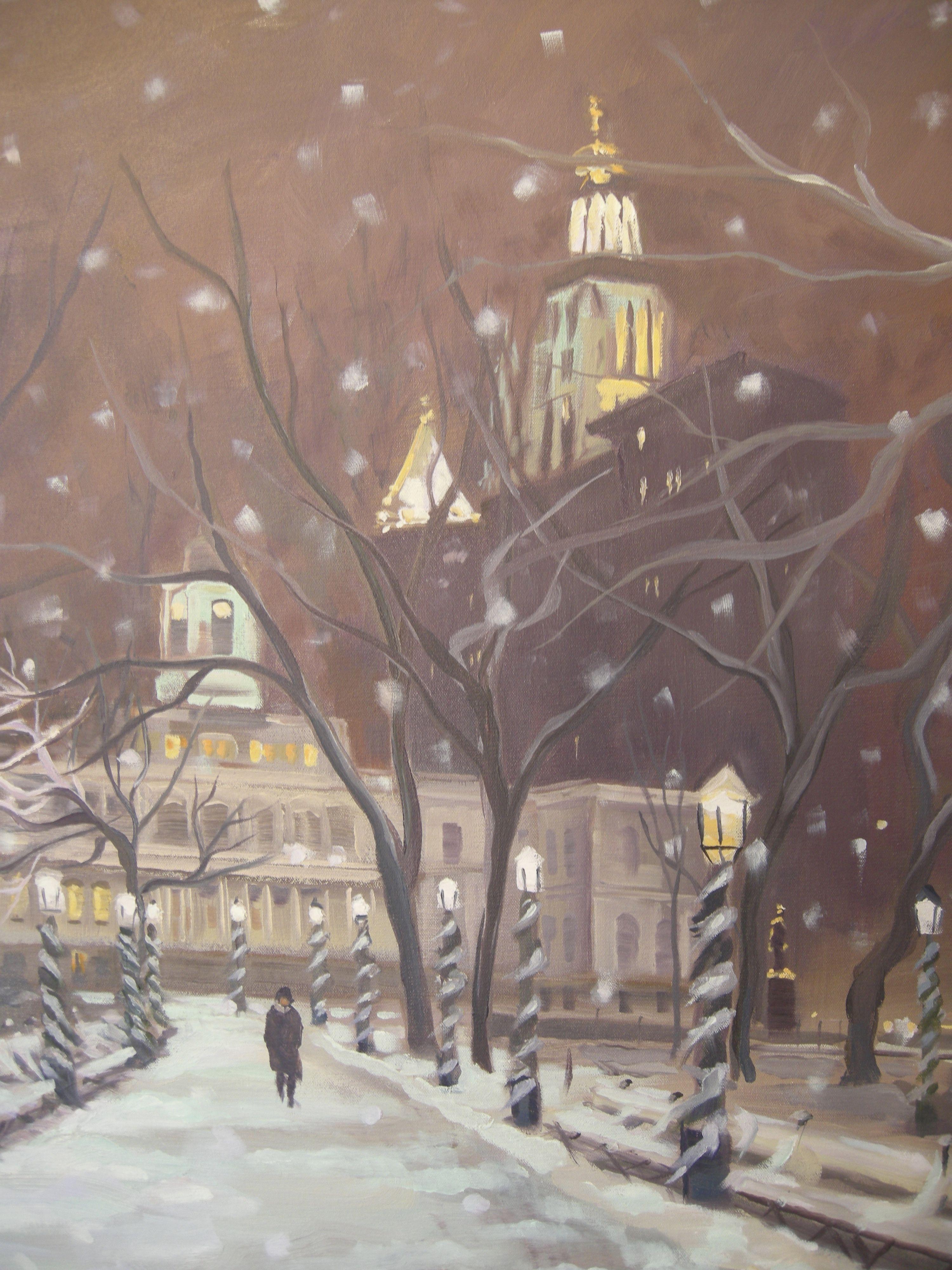 December Snow, City Hall, Painting, Oil on Canvas For Sale 1