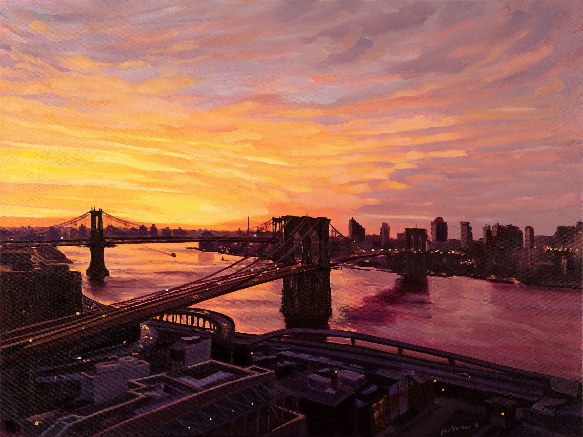 A stunning sunrise view from the artist's balcony on the 25th floor of her apartment inspired this colorful vision! Intense orange, yellows, and violets sing and swirl above the Brooklyn and Manhattan Bridges over the East River, lower Manhattan and
