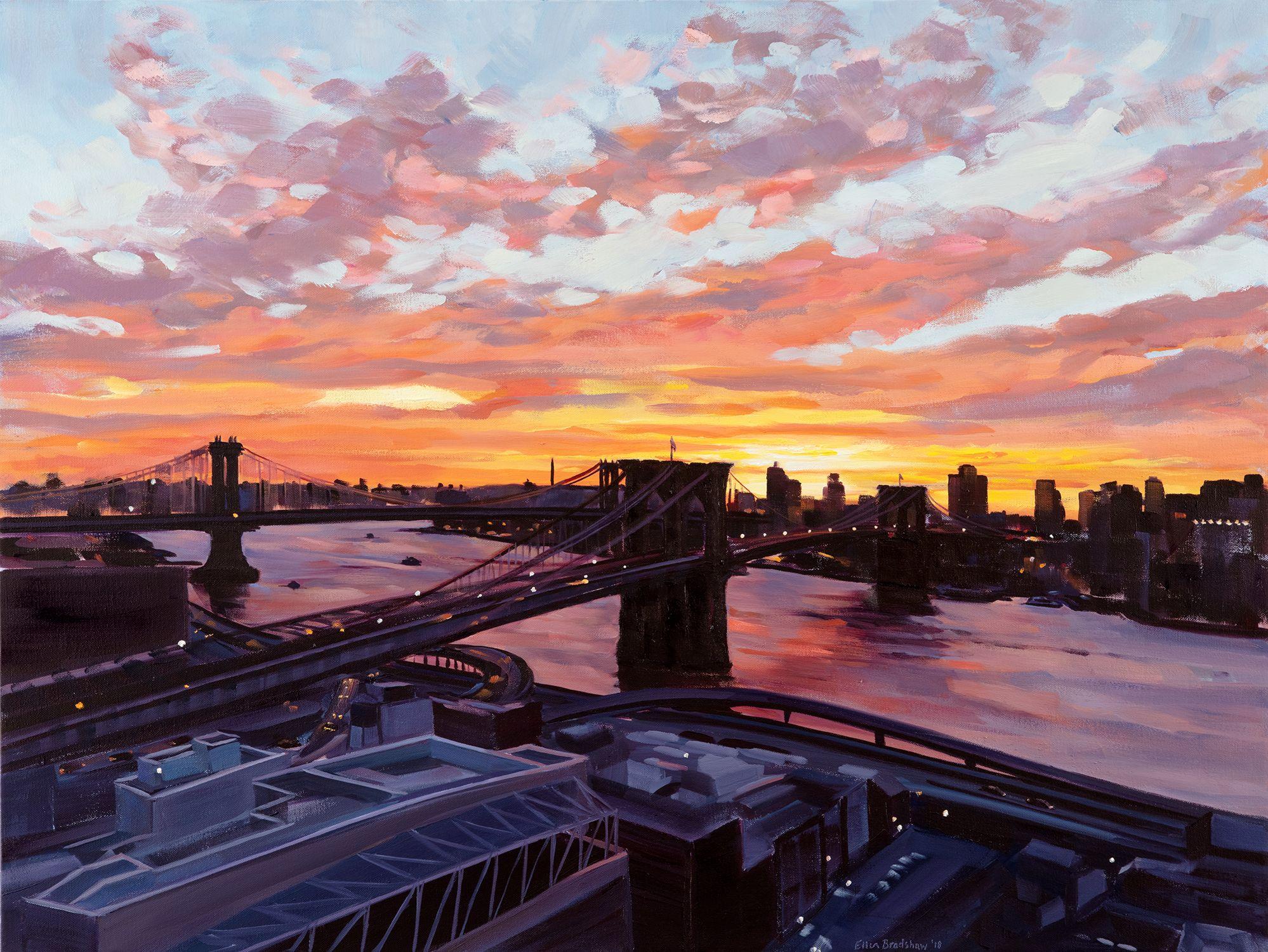 A stunning sunrise view from the artist's balcony on the 25th floor of her apartment inspired this colorful vision! Spectacular swirling clouds dance above the Brooklyn and Manhattan Bridges over the East River, lower Manhattan and the Brooklyn