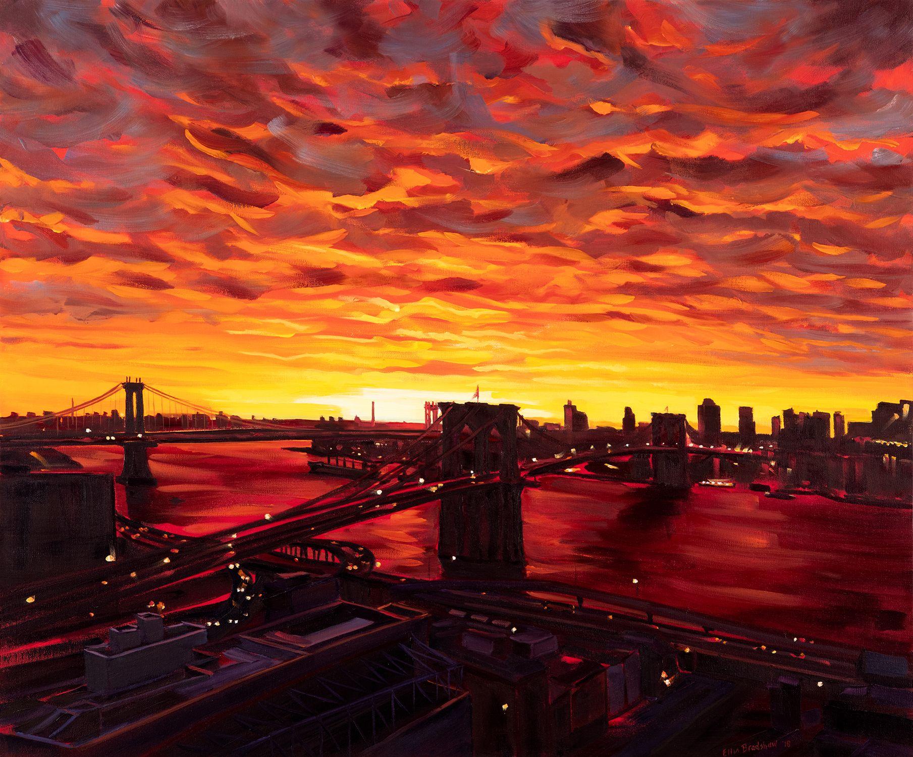 A very dramatic stunning sunrise from the artist's 25th floor balcony overlooking the Brooklyn and Manhattan Bridges! The intensity of the fiery sky was overpowering and spectacular, leaving the viewer breathless! What an exhilarating challenge to