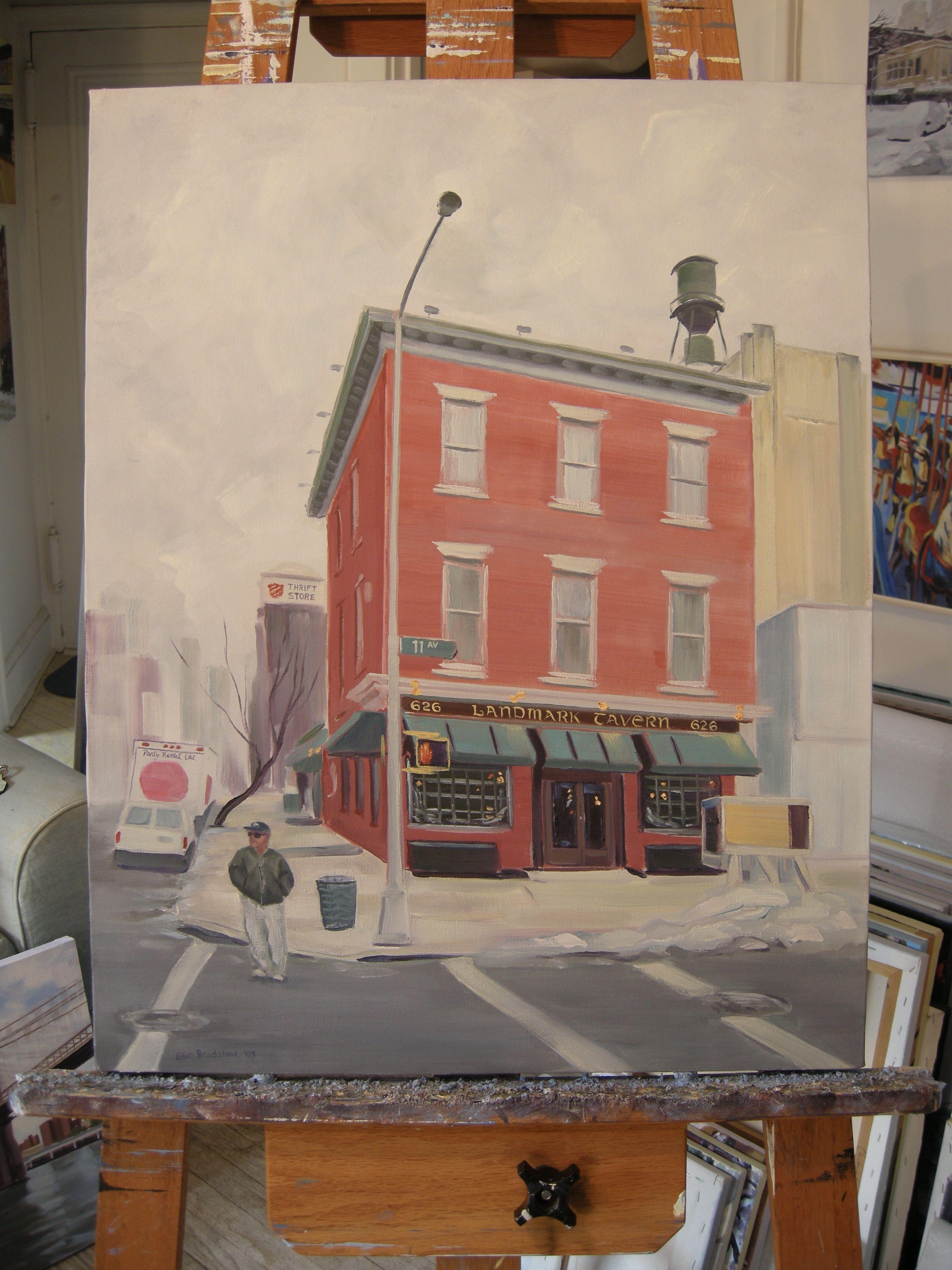 An Irish Waterfront saloon from 1868 on 11th Avenue in Manhattan, still going strong! From my series on the oldest bar/taverns in Manhattan. I liked the moody grey feel to the day against the welcoming lights within! :: Painting :: Realism :: This
