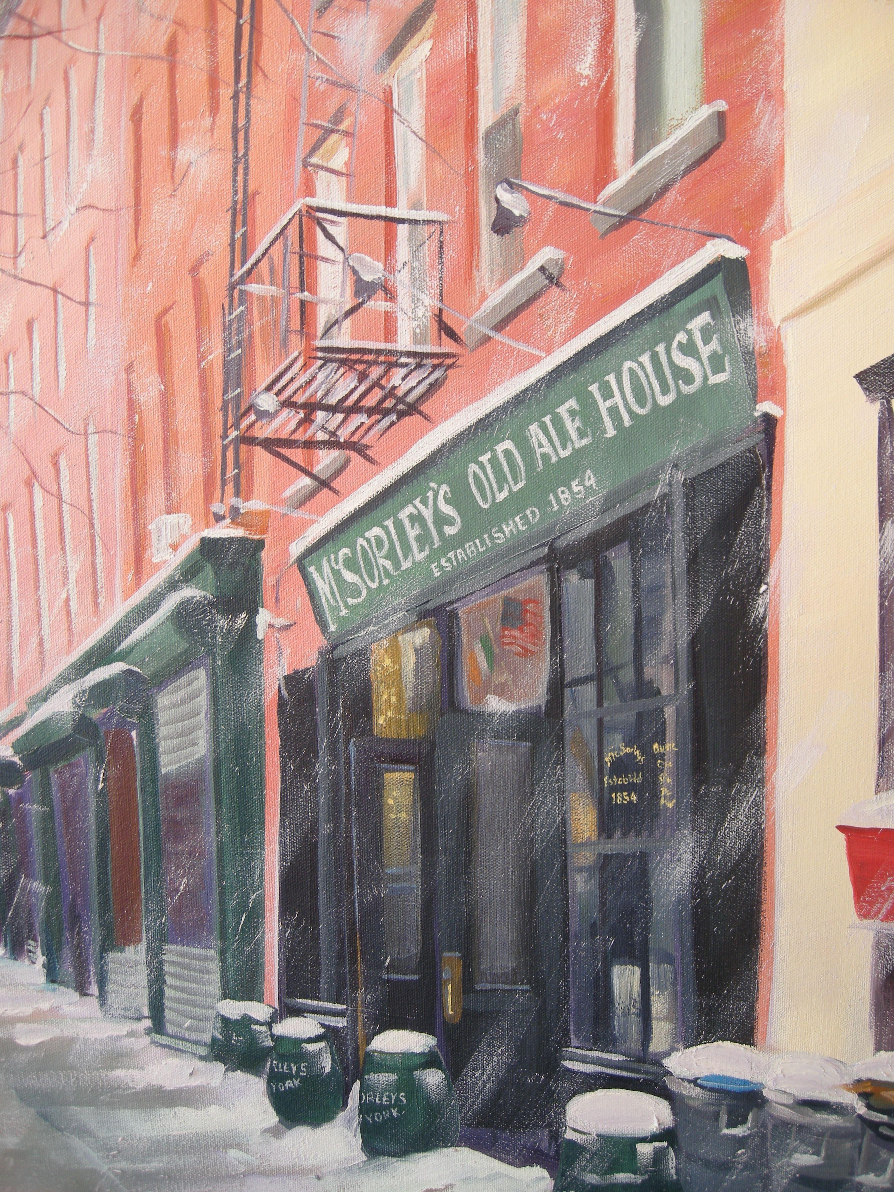 Part of my series on the oldest bar/taverns in New York City, I was caught by the charm of McSorley's during a gentle snowfall. Inside promised to be warm and cozy and full of history!! :: Painting :: Realism :: This piece comes with an official