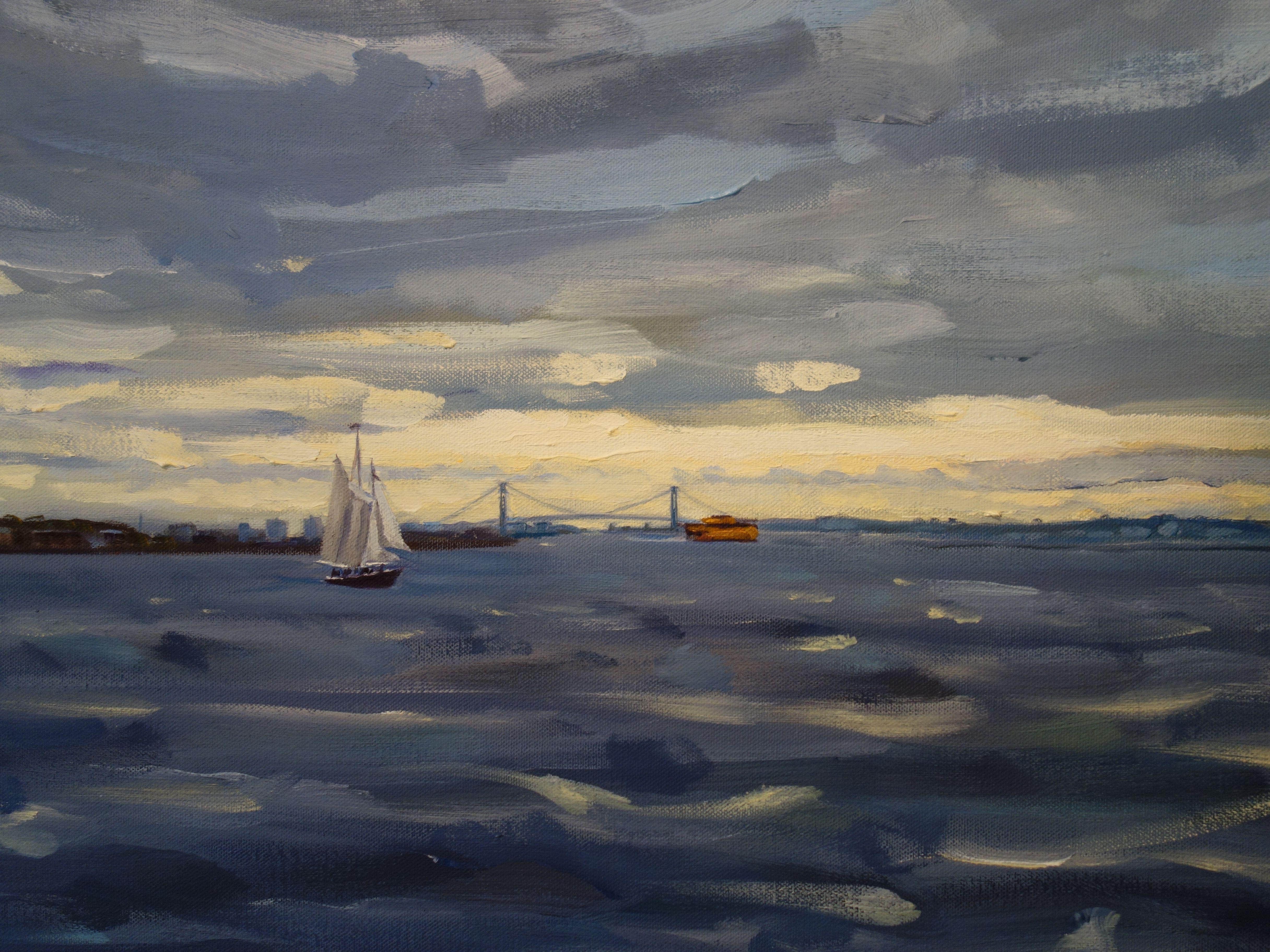 A bordo de un crucero arquitectónico por la isla de Manhattan en un tormentoso y malhumorado día de octubre, esta hermosa vista inspiradora me impactó con la intensidad y la pasión del mar y el cielo. Me encanta cómo las emblemáticas estructuras de