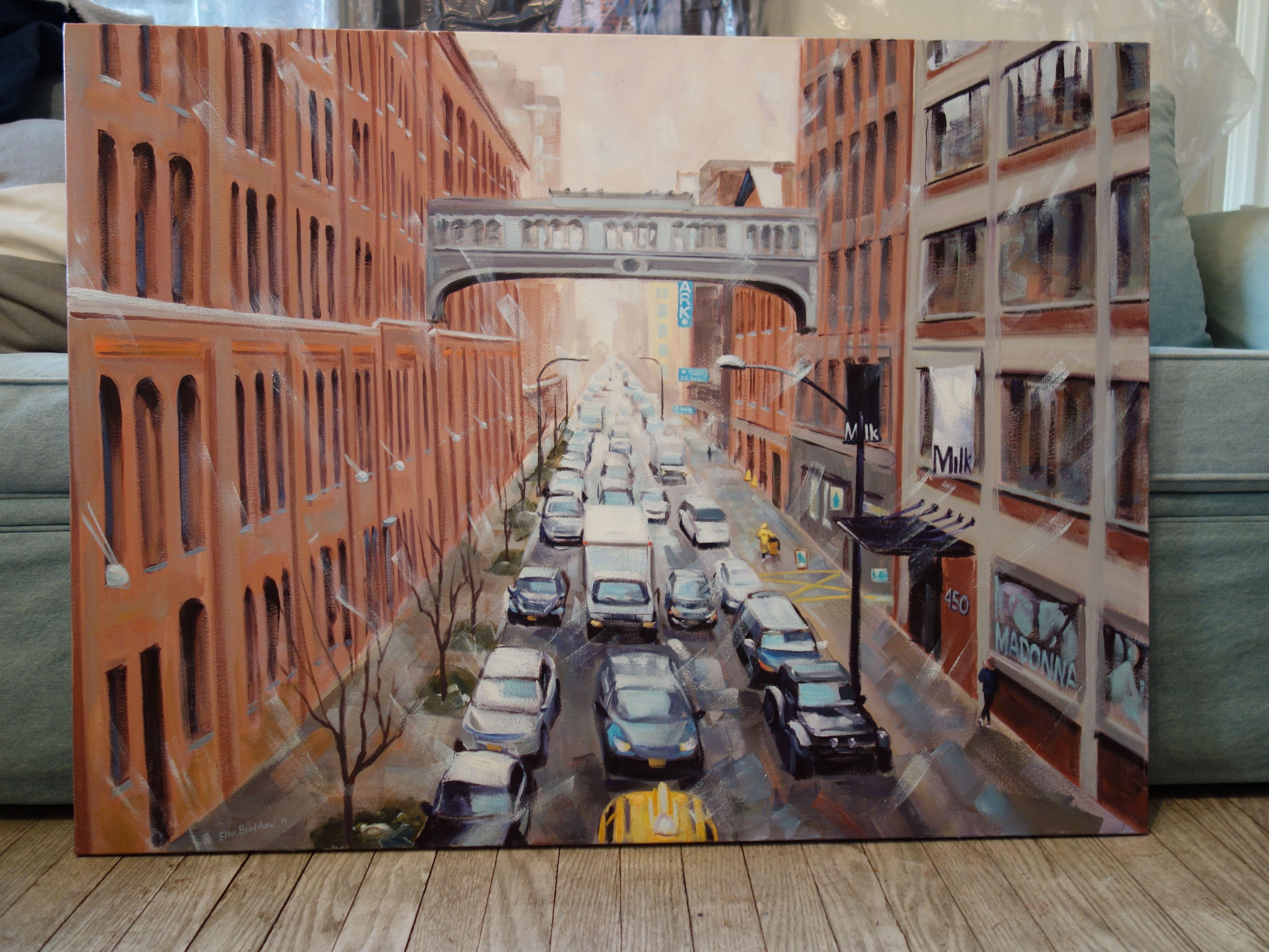Paseando por el parque High Line, en el barrio de Chelsea de Manhattan, el paisaje urbano industrial se transformó por las lluvias de nieve, ¡otorgando una tranquila belleza romántica a la rutina ordinaria del tráfico!  :: Pintura :: Realismo ::