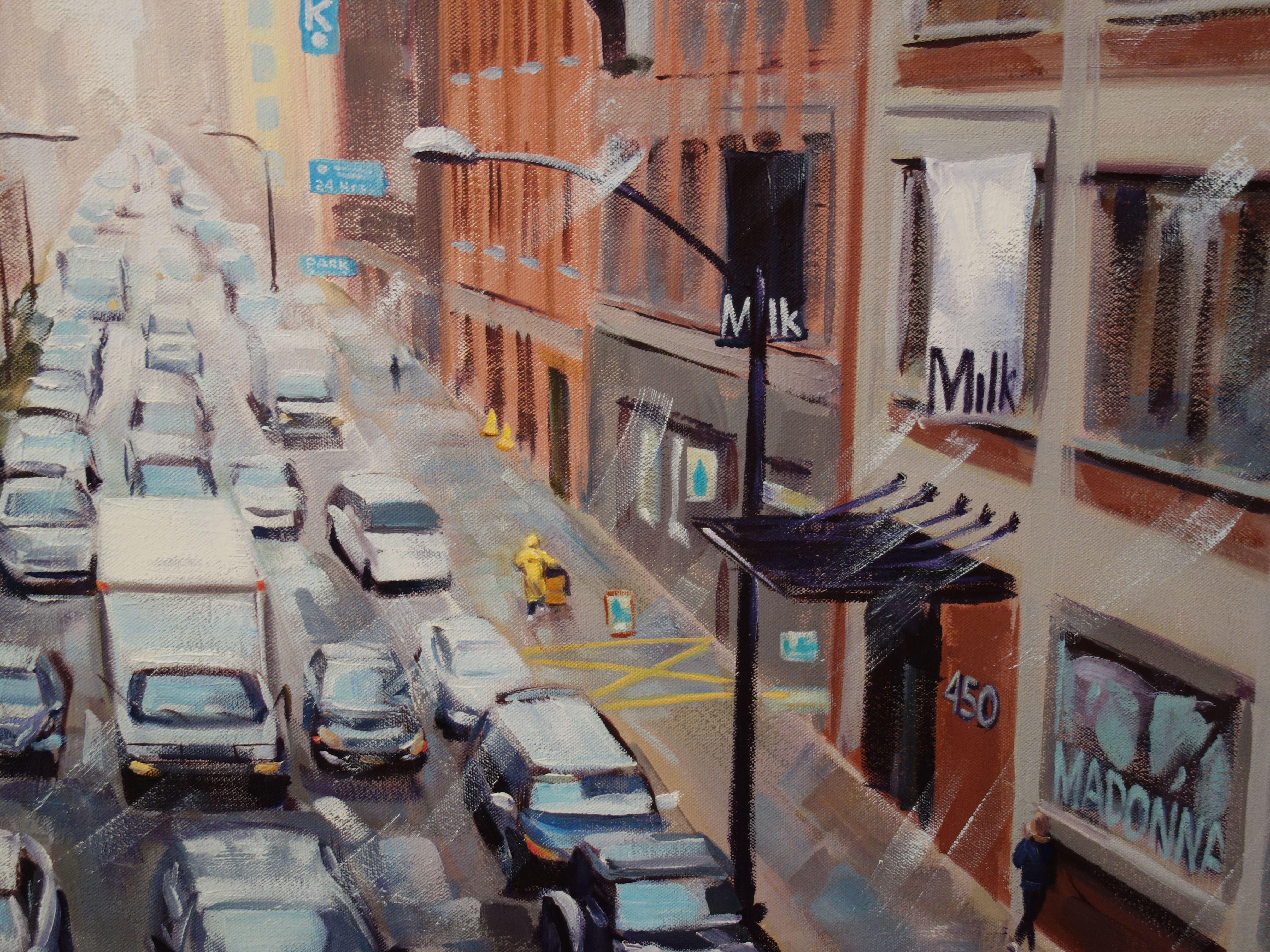 Parade of Cars, 10th Ave, Painting, Oil on Canvas For Sale 1