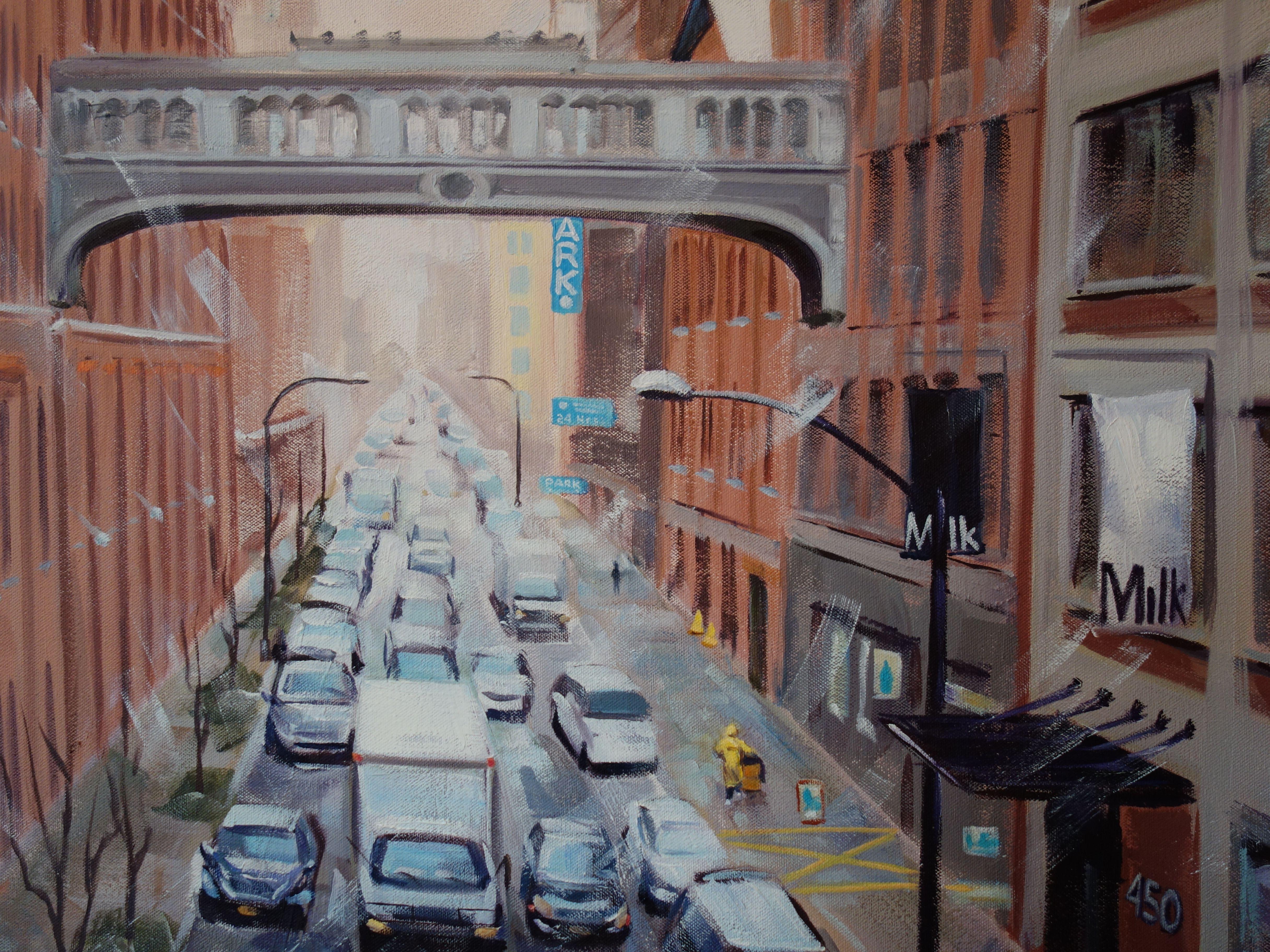 Parade of Cars, 10th Ave, Painting, Oil on Canvas For Sale 2