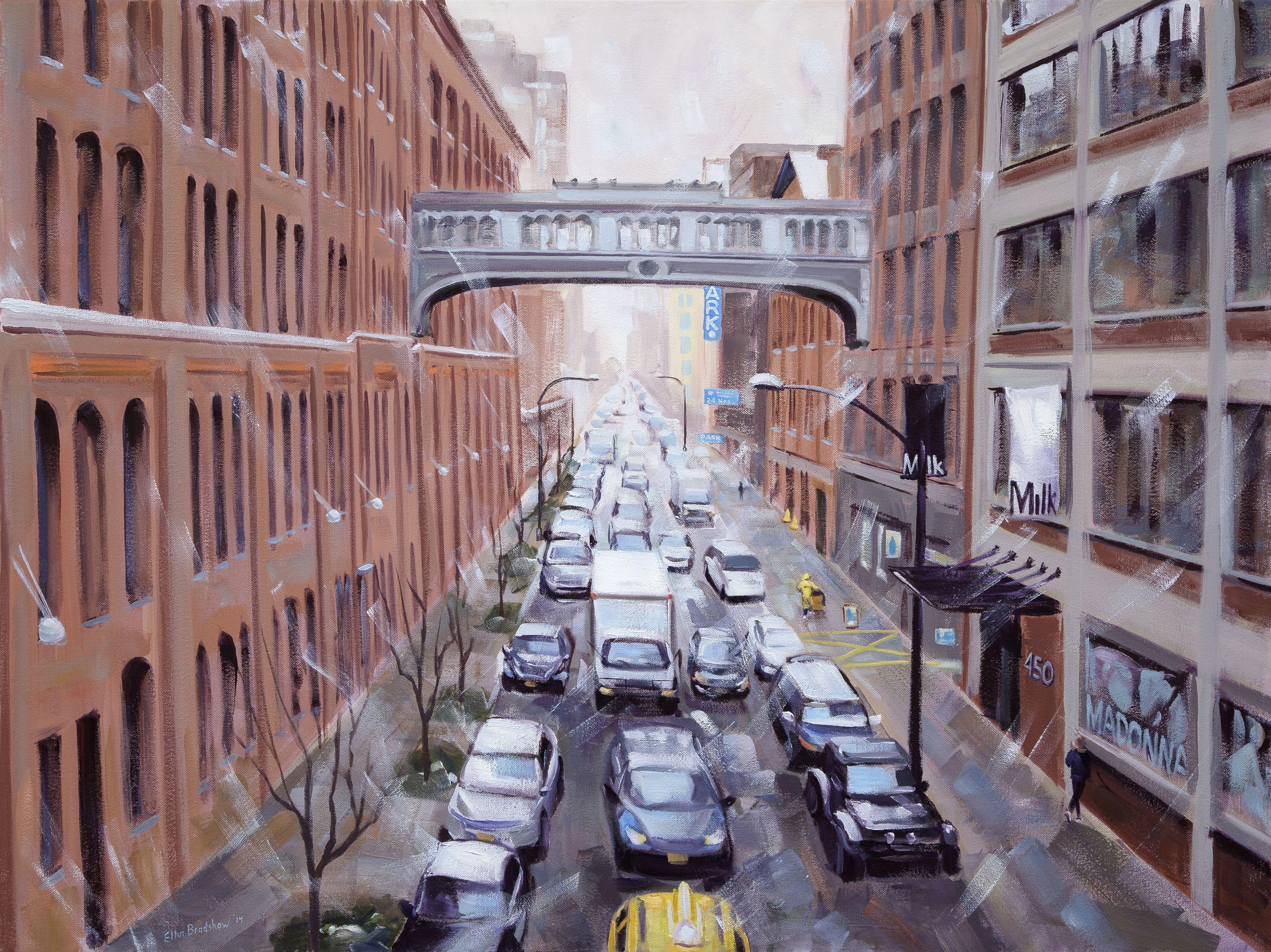 Desfile de coches, 10ª Avenida, Pintura, Óleo sobre lienzo - Painting de Ellen Bradshaw